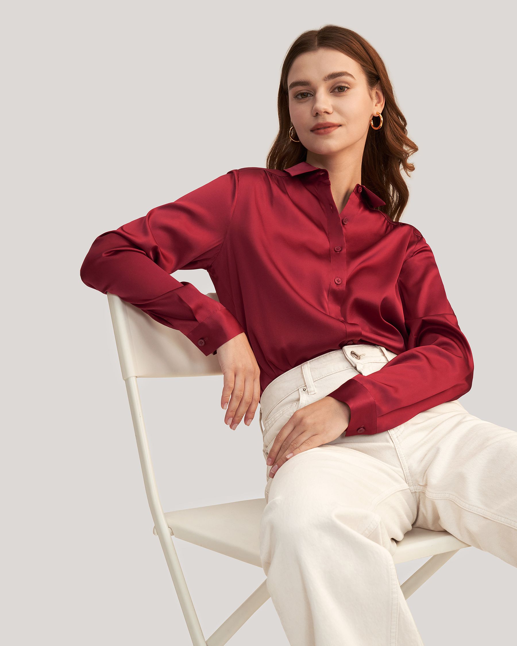 Long Sleeves Collared  Silk Blouse For Women