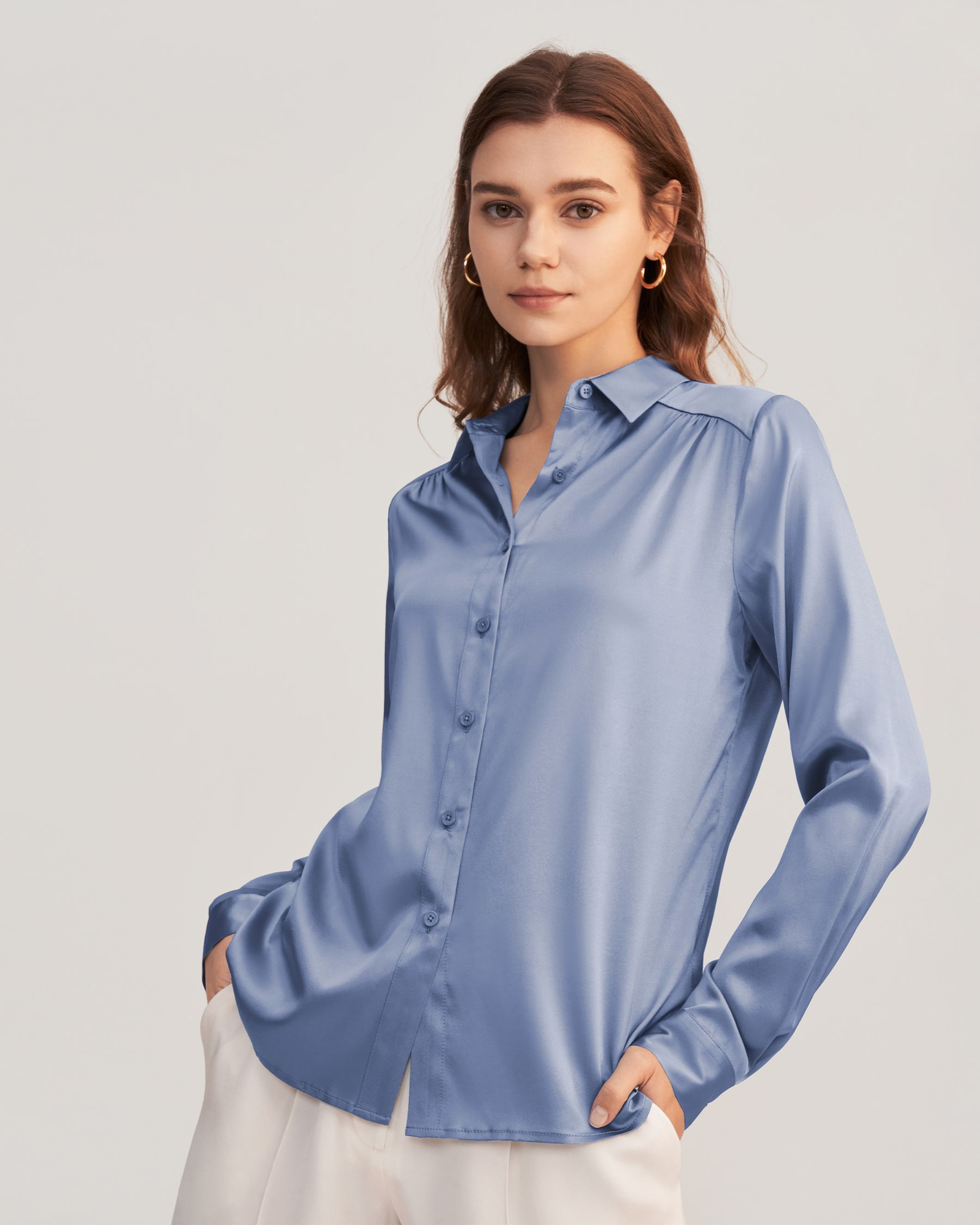 Long Sleeves Collared  Silk Blouse For Women