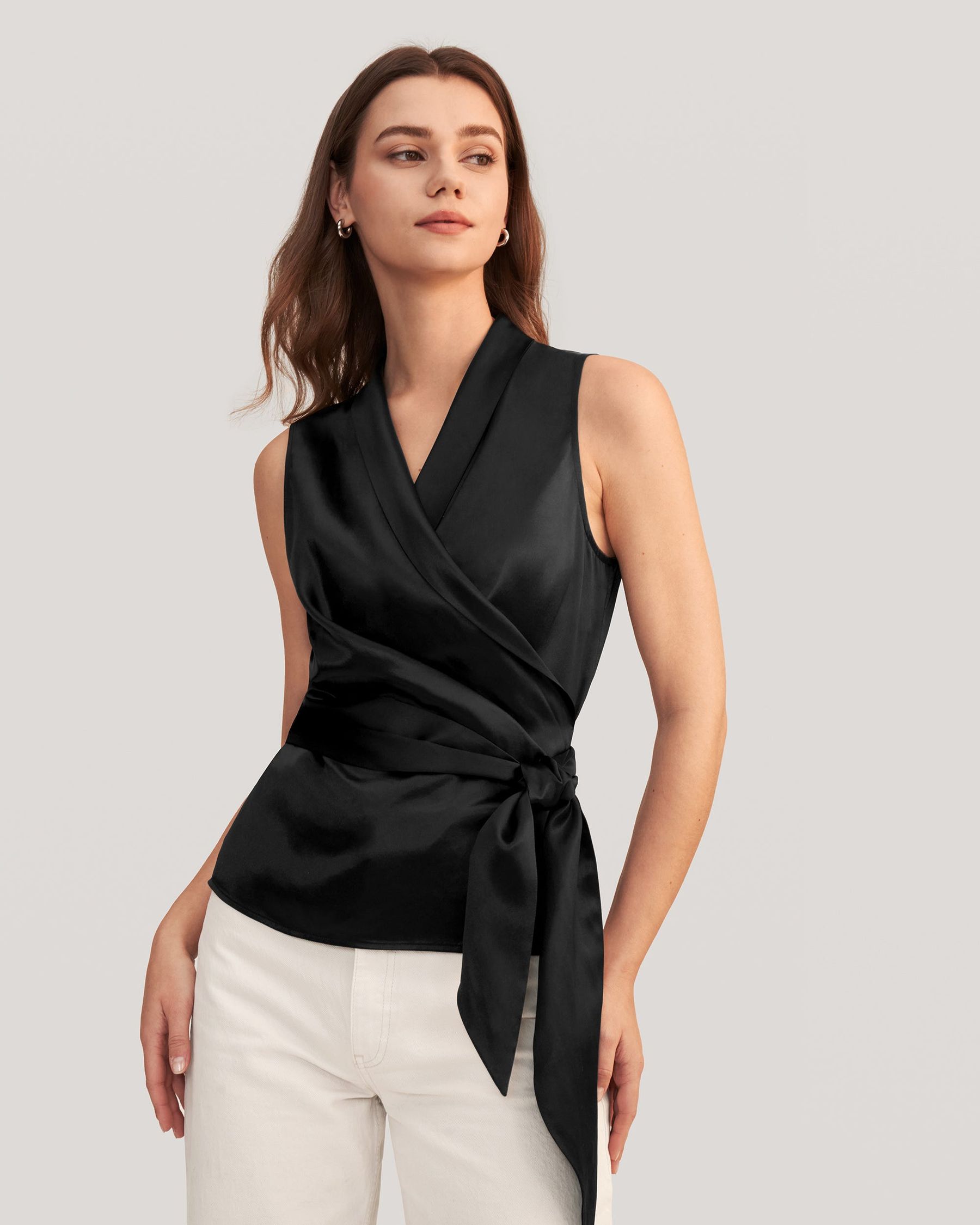 Kvinnors Elegant Silke Wrap-blus