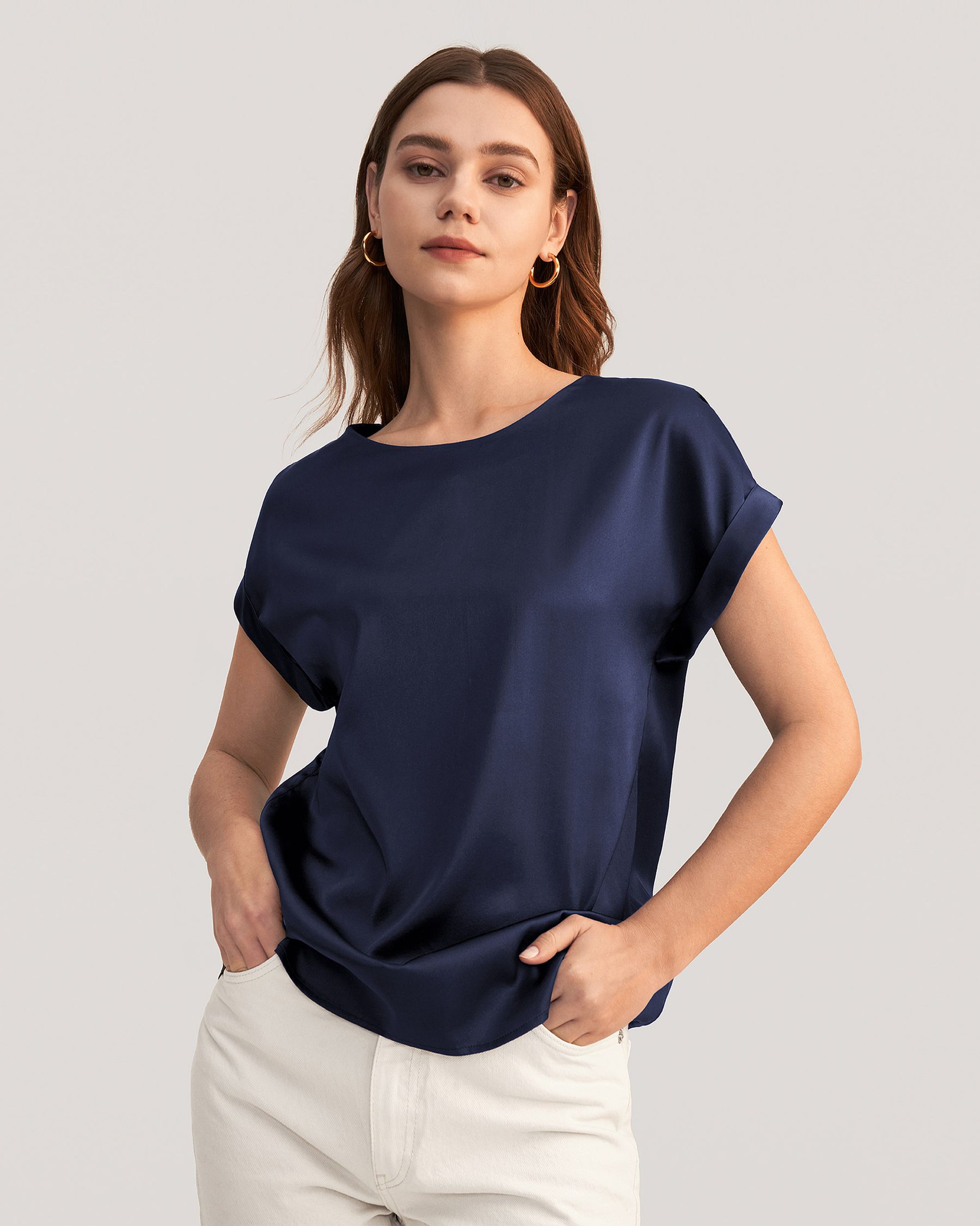 Short Sleeves Round Neck  Silk T Shirt