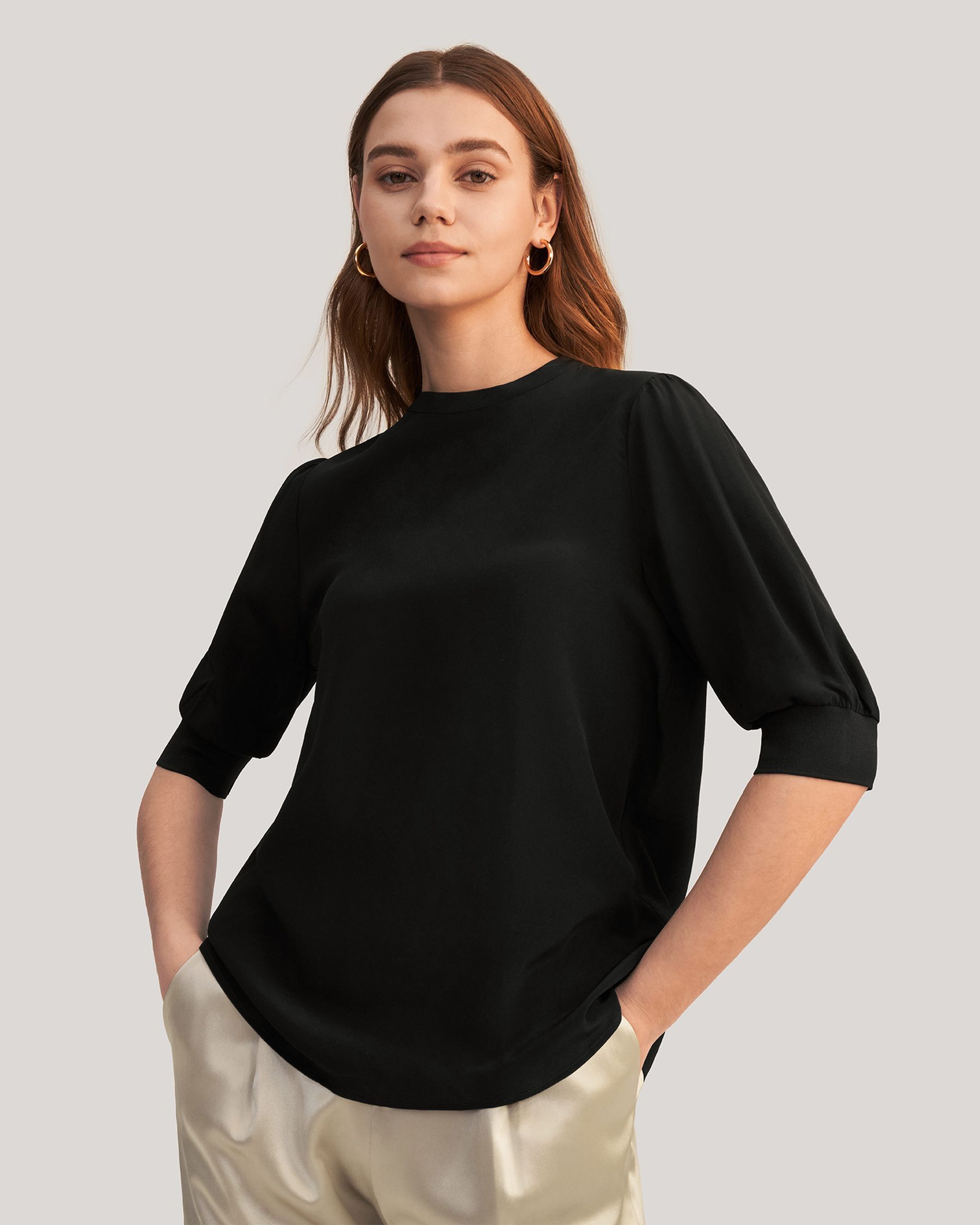 Elegant Casual Silk Tee With Rib Cuff