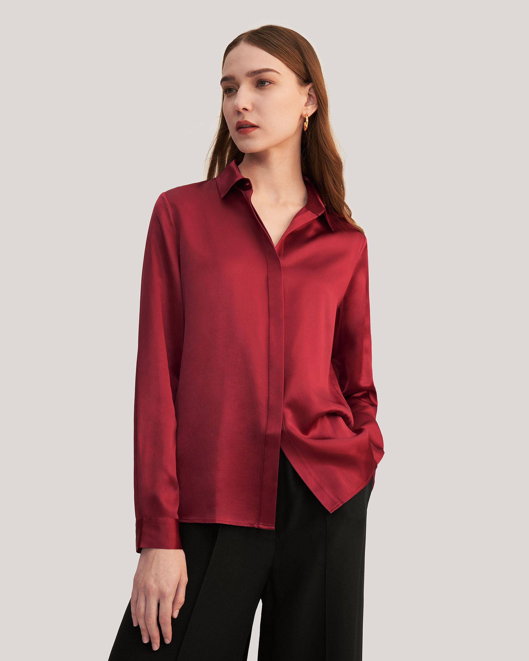 Basic Concealed Placket women Silk Shirt