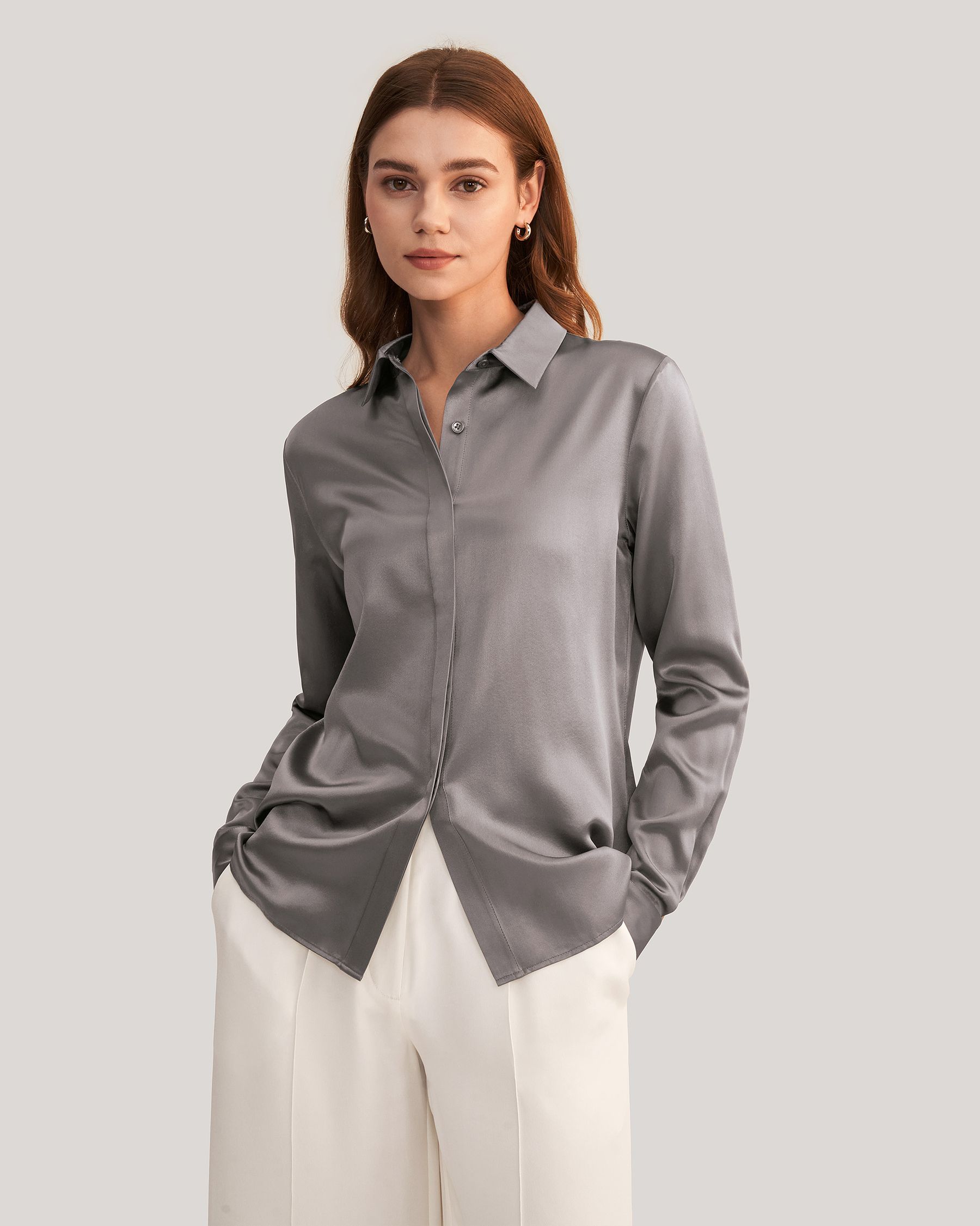 Basic Concealed Placket Women Silk Shirt