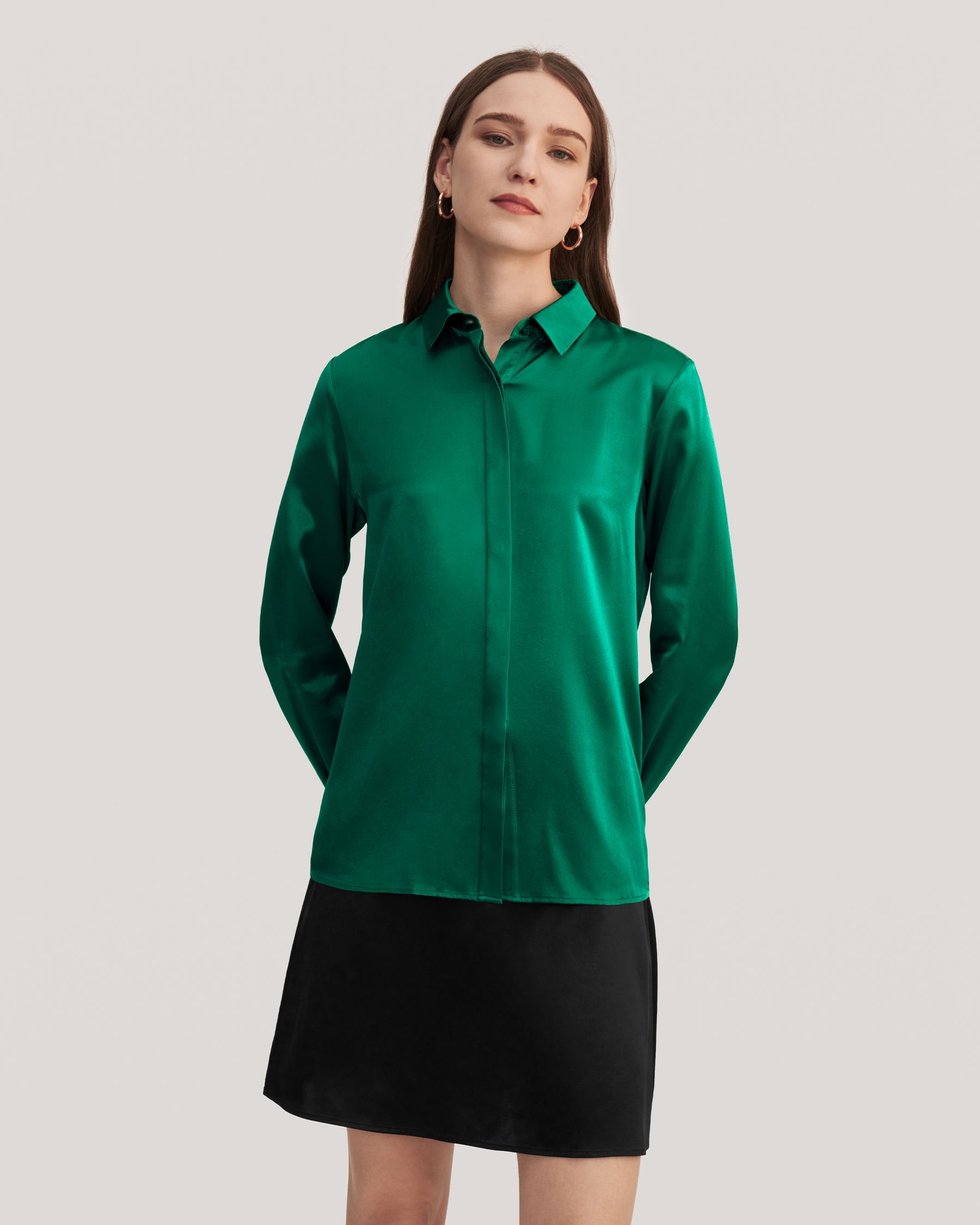 Basic Concealed Placket women Silk Shirt