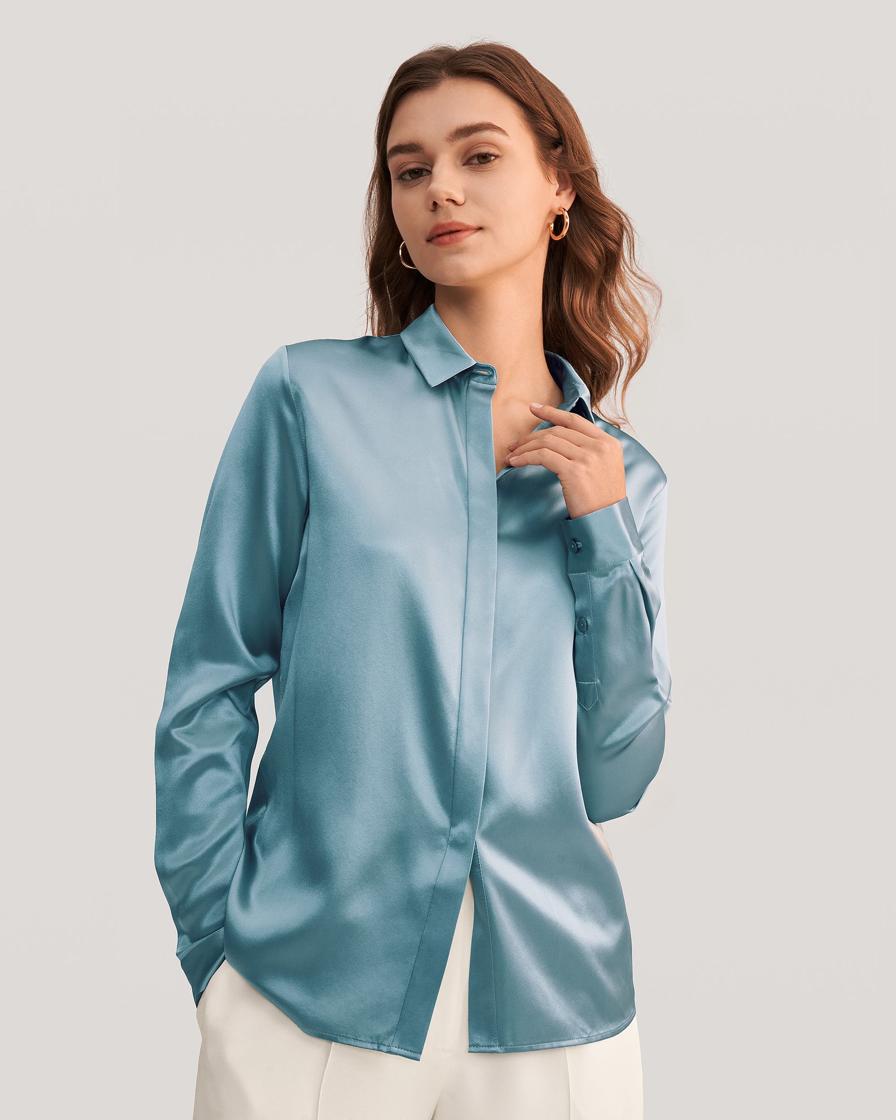 Basic Concealed Placket Women Silk Shirt