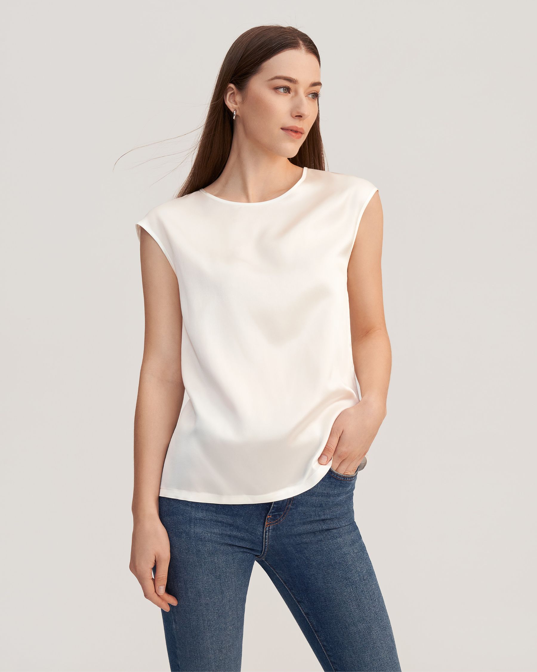 Basic Cap Sleeves Silk Tee For Women