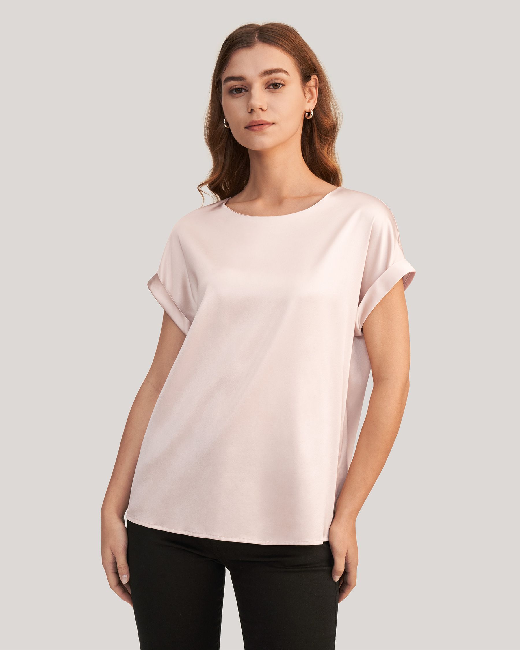 Short Sleeves Round Neck  Silk T Shirt