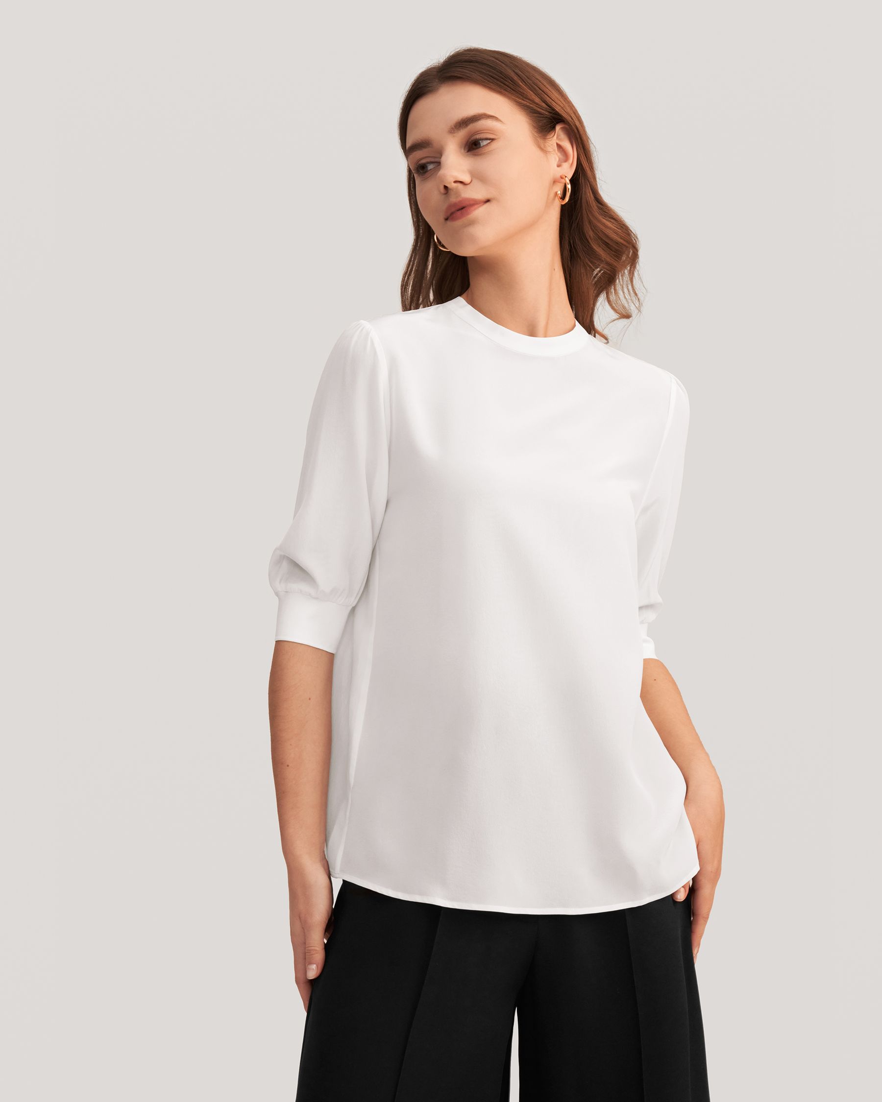 Elegant Casual Zijden T-Shirt Met Ribboord