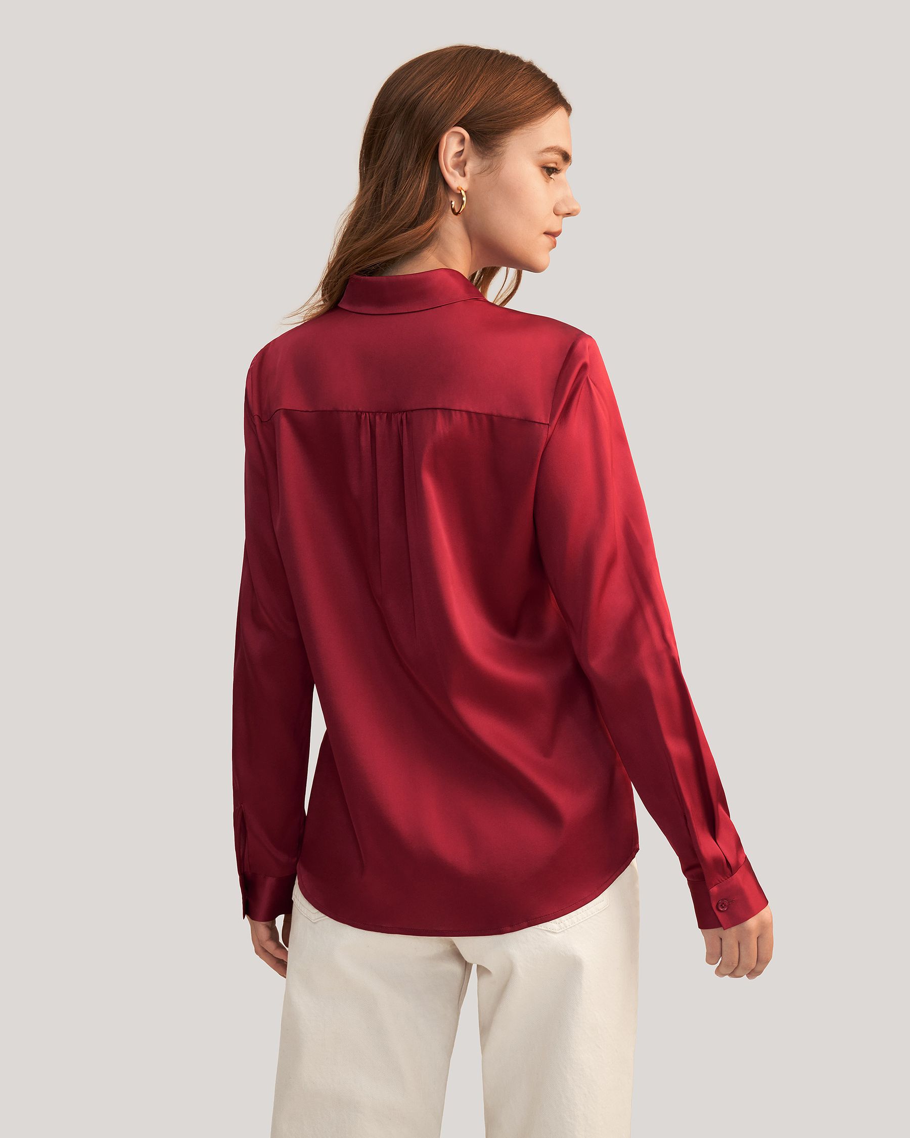 Long Sleeves Collared  Silk Blouse For Women