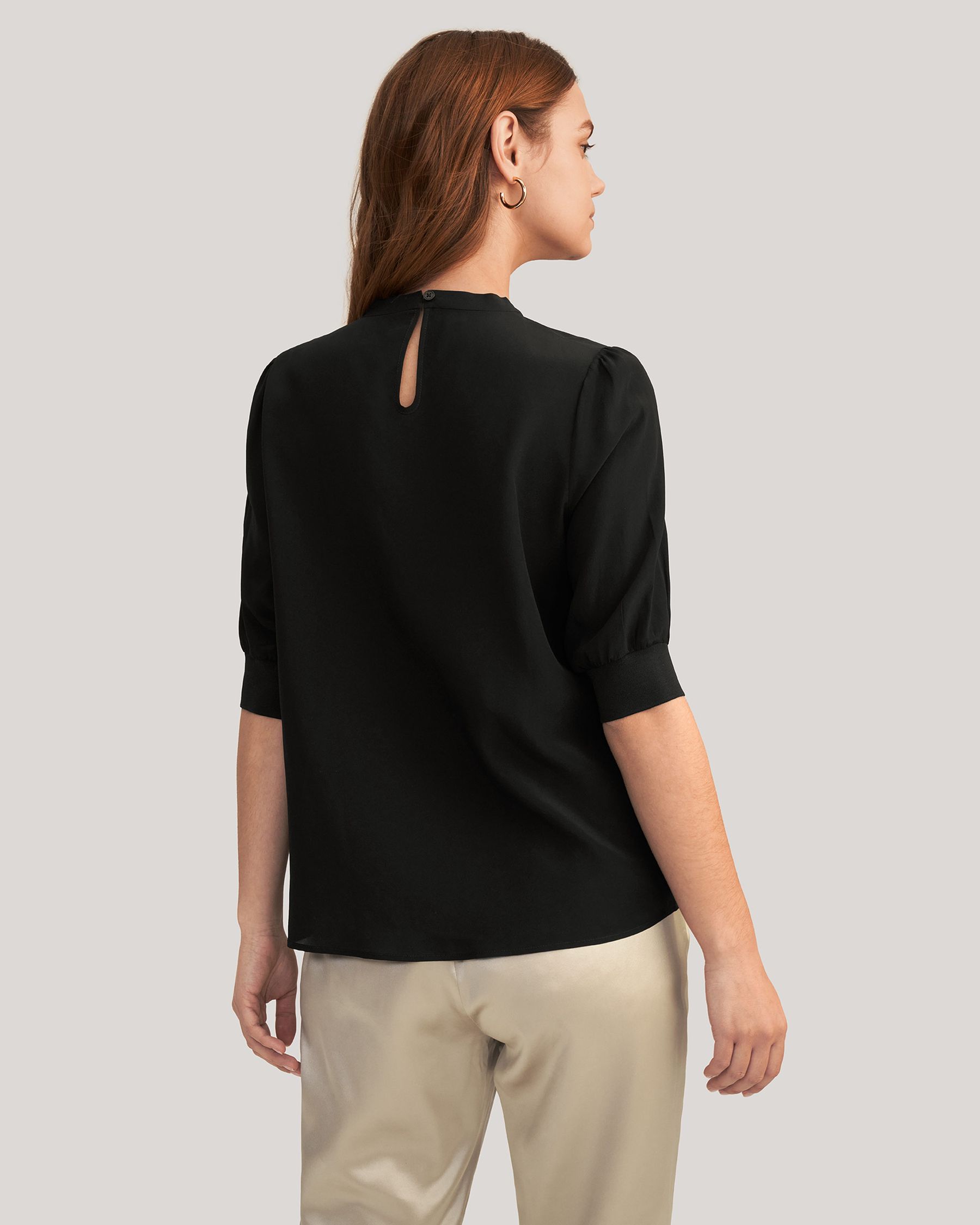 Elegant Casual Silk Tee With Rib Cuff