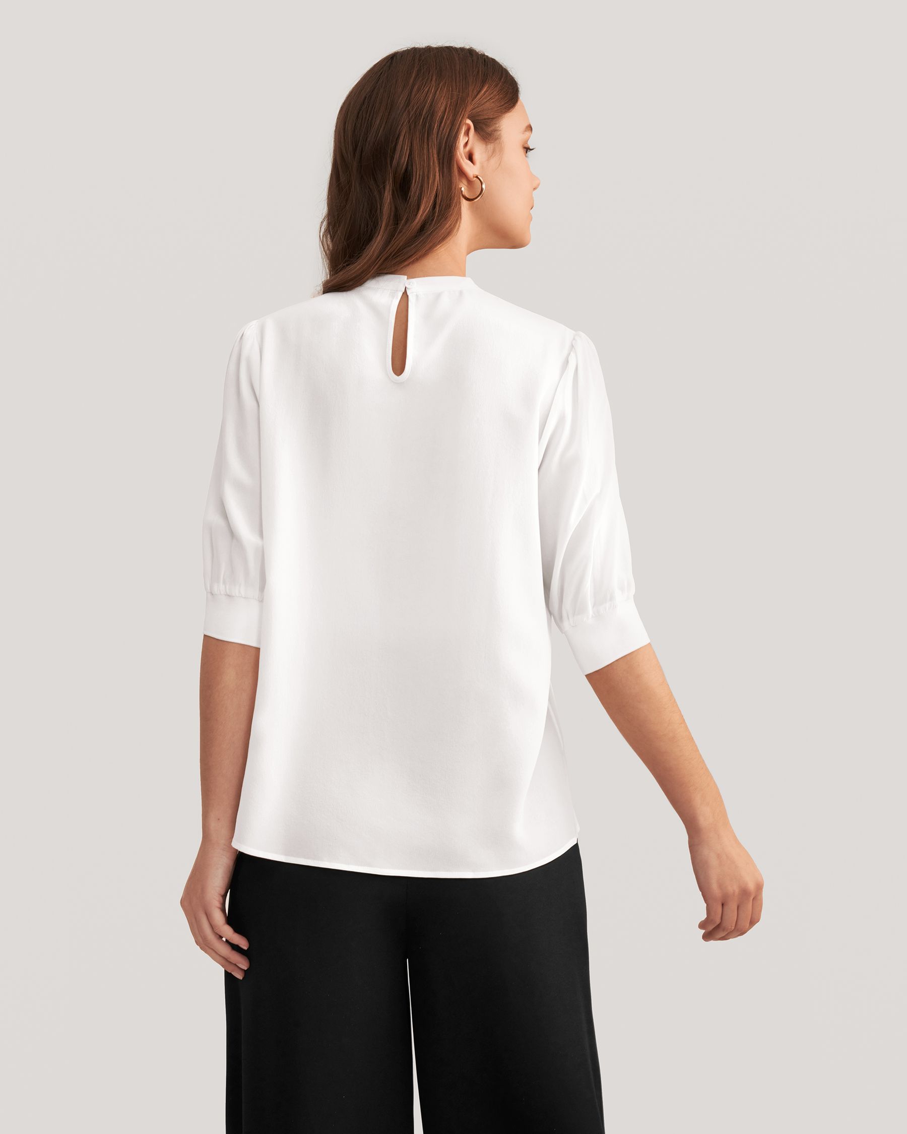 Elegant Casual Silk Tee With Rib Cuff