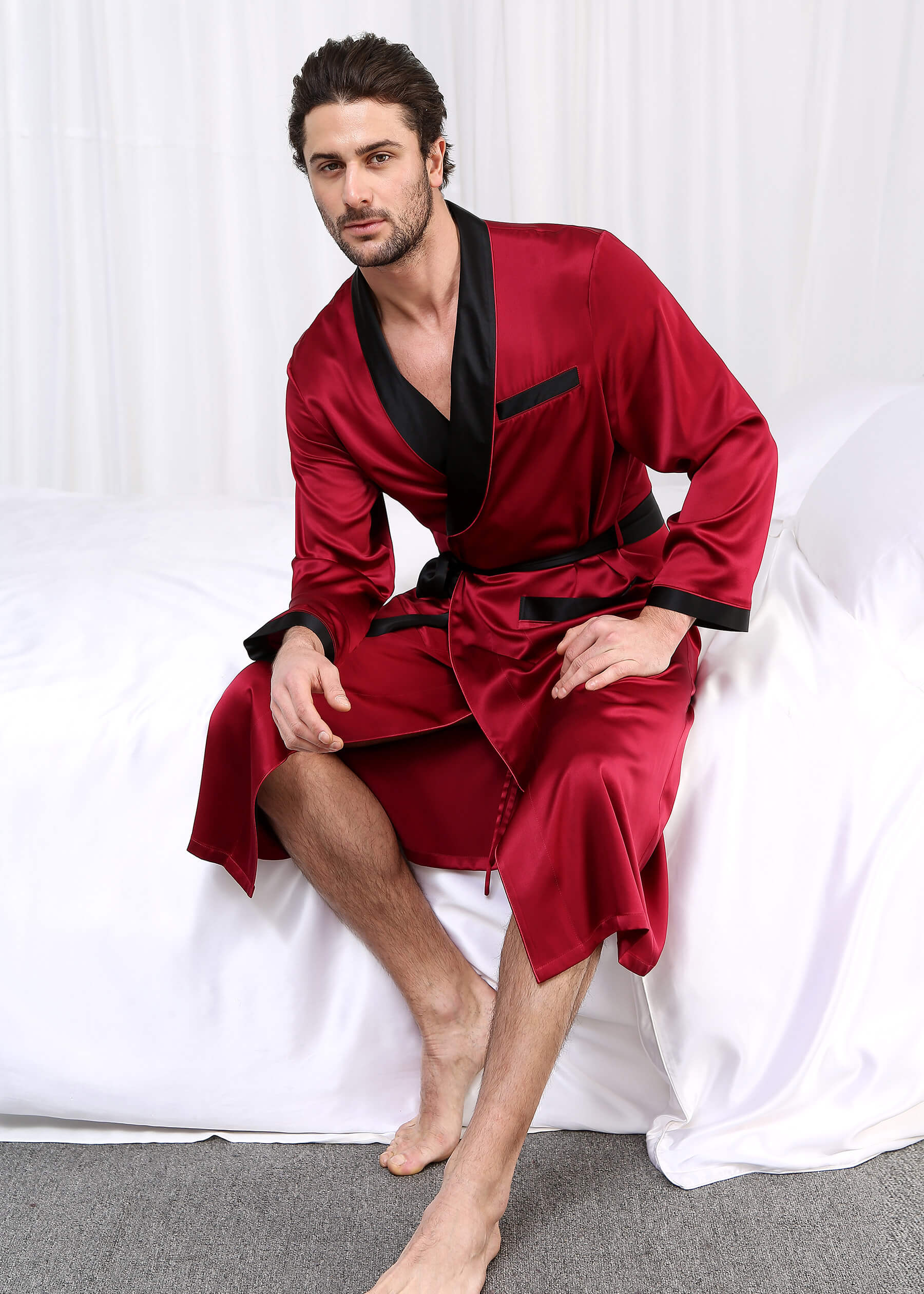 22 Momme Business Contrast Long Silk Dressing Gown