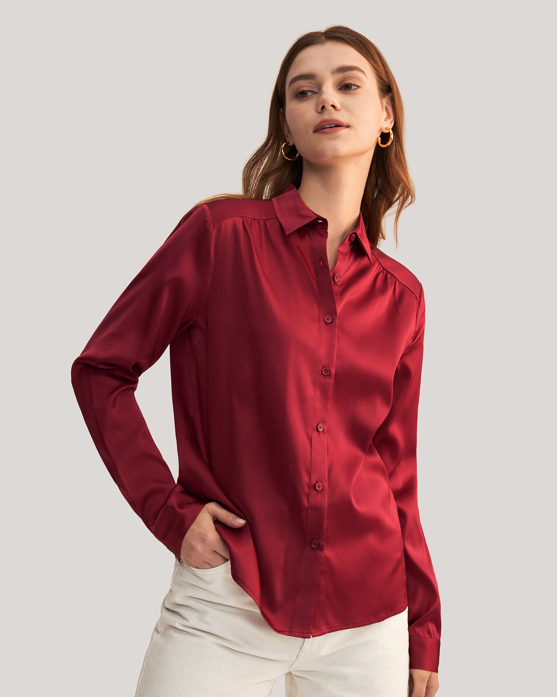 Long Sleeves Collared Silk Blouse For Women