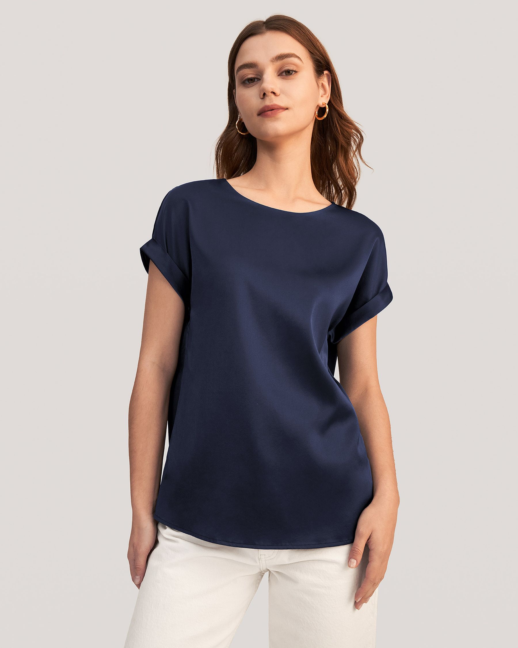 Short Sleeves Round Neck  Silk T Shirt