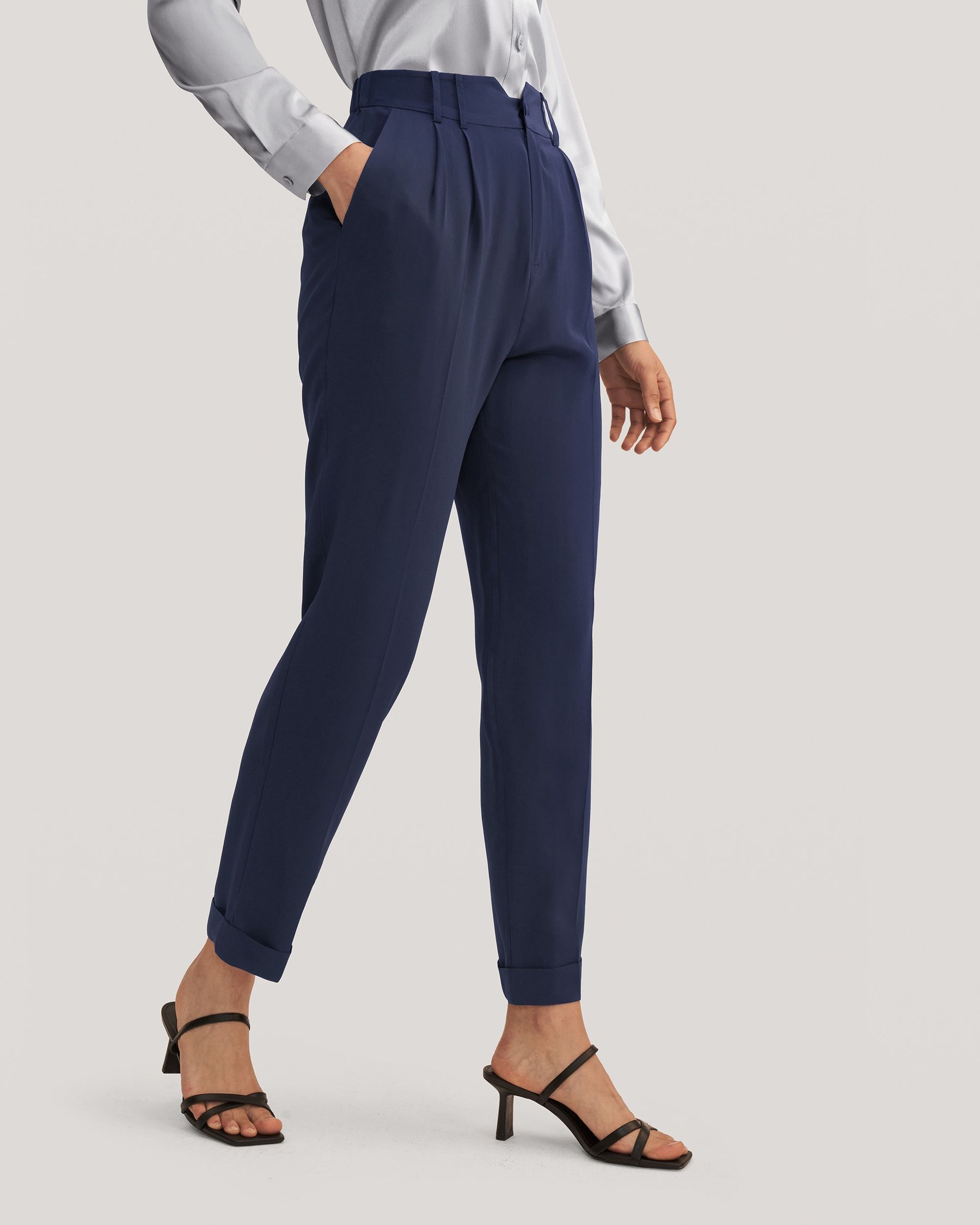 Women Tucked Tapered Silk Pants