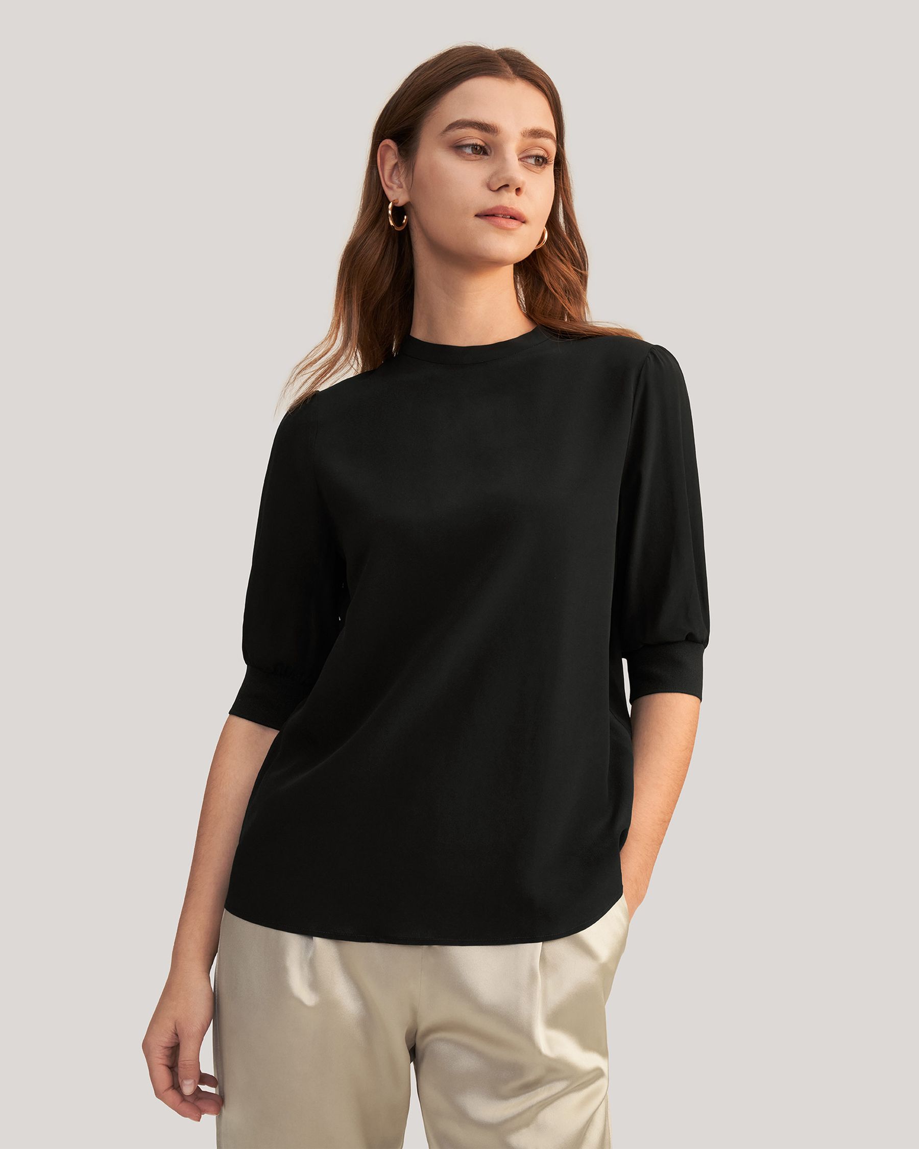 Elegant Casual Silk Tee With Rib Cuff