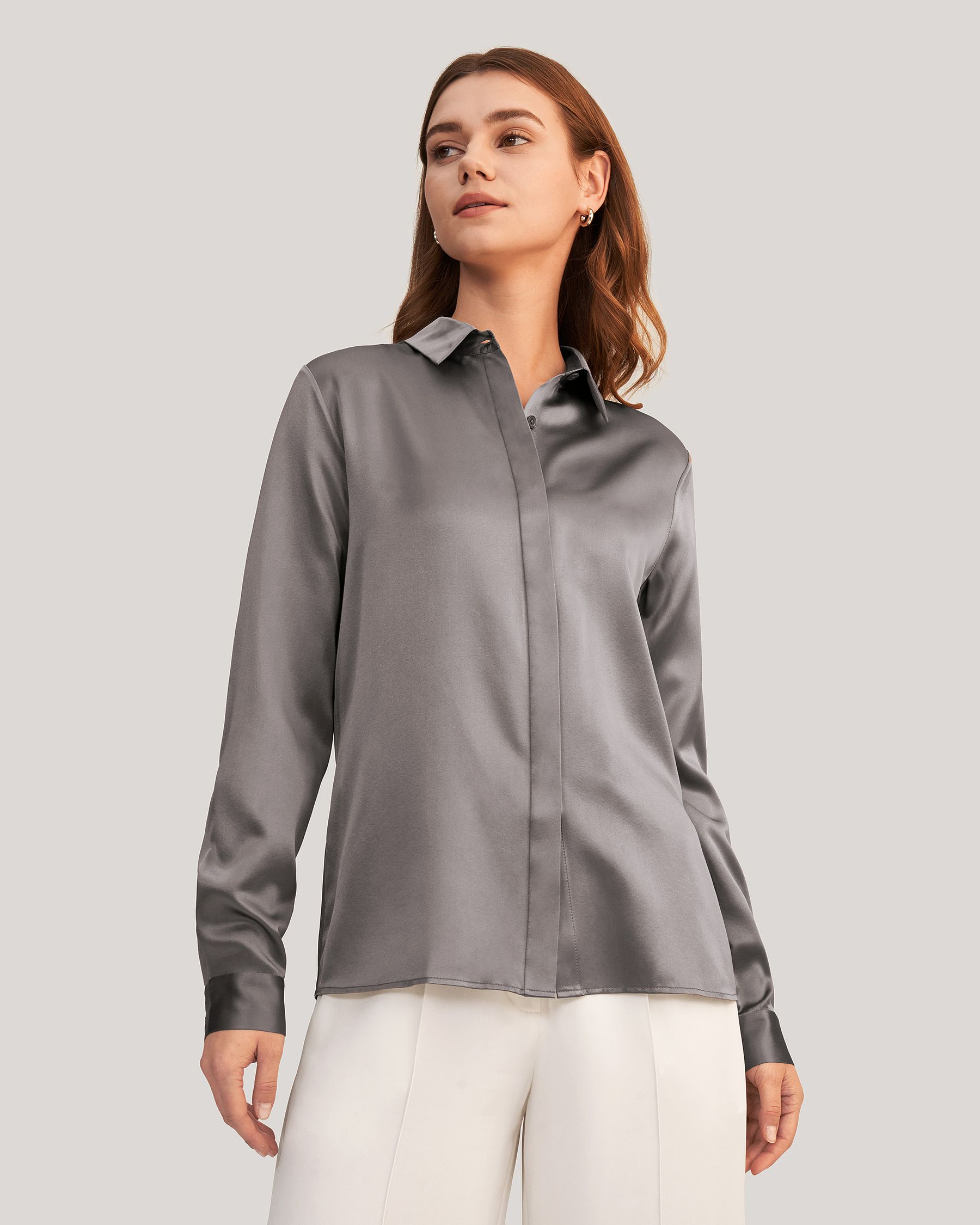 Basic Concealed Placket women Silk Shirt