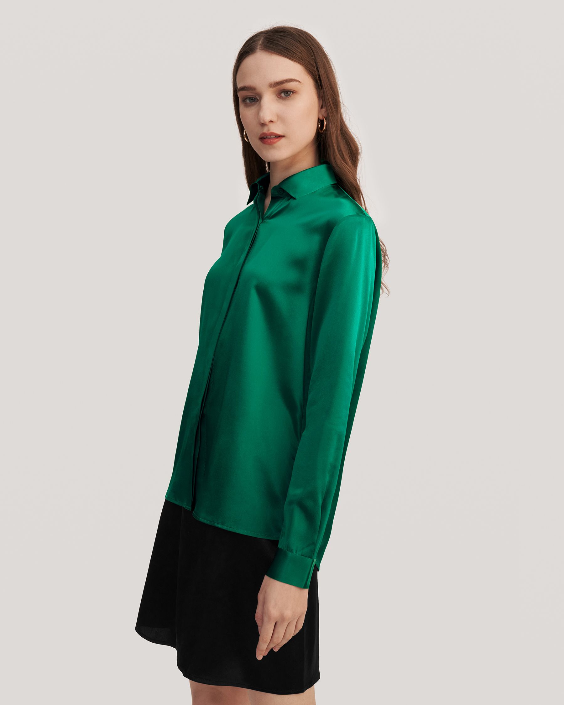 Basic Concealed Placket women Silk Shirt