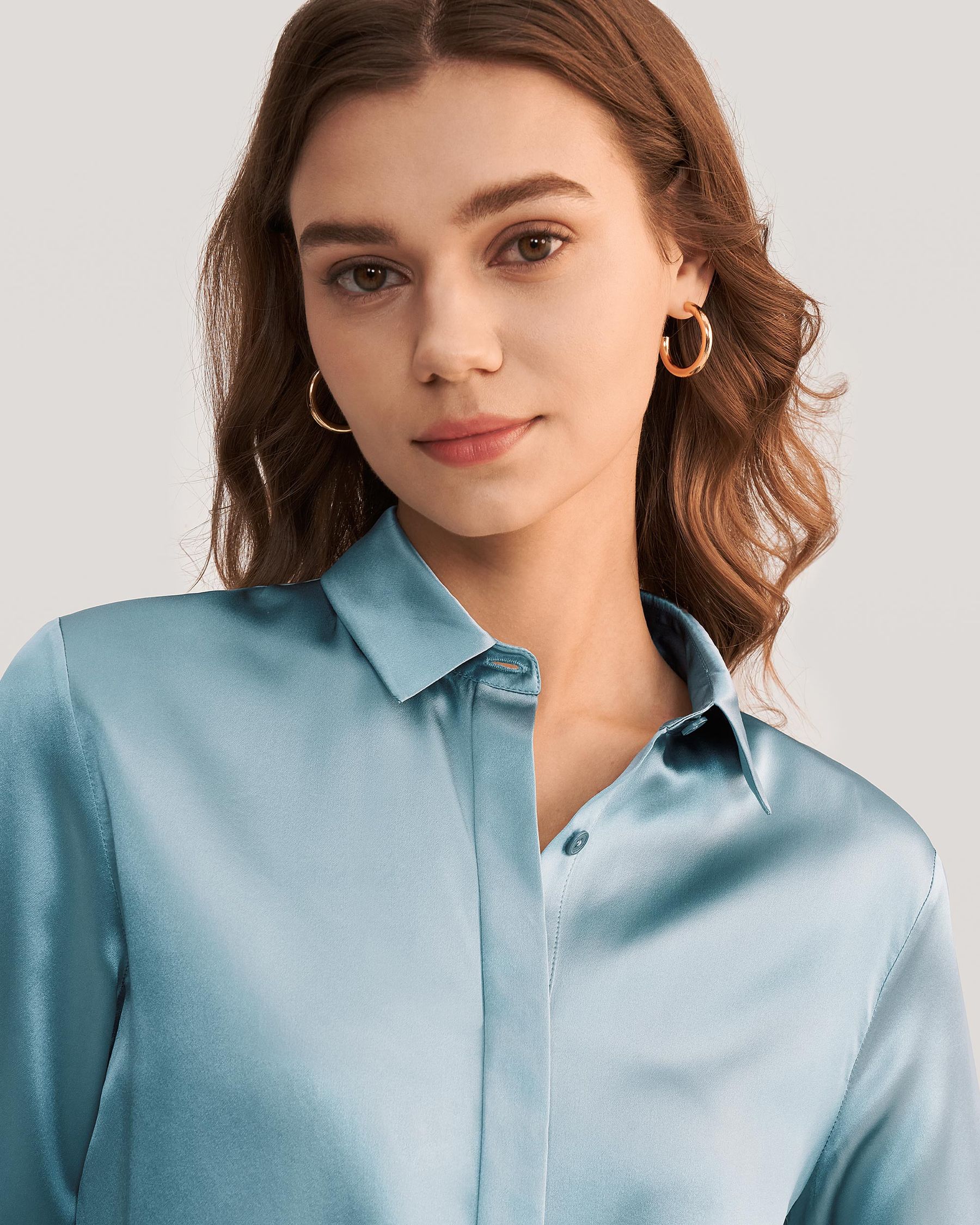 Basic Concealed Placket women Silk Shirt