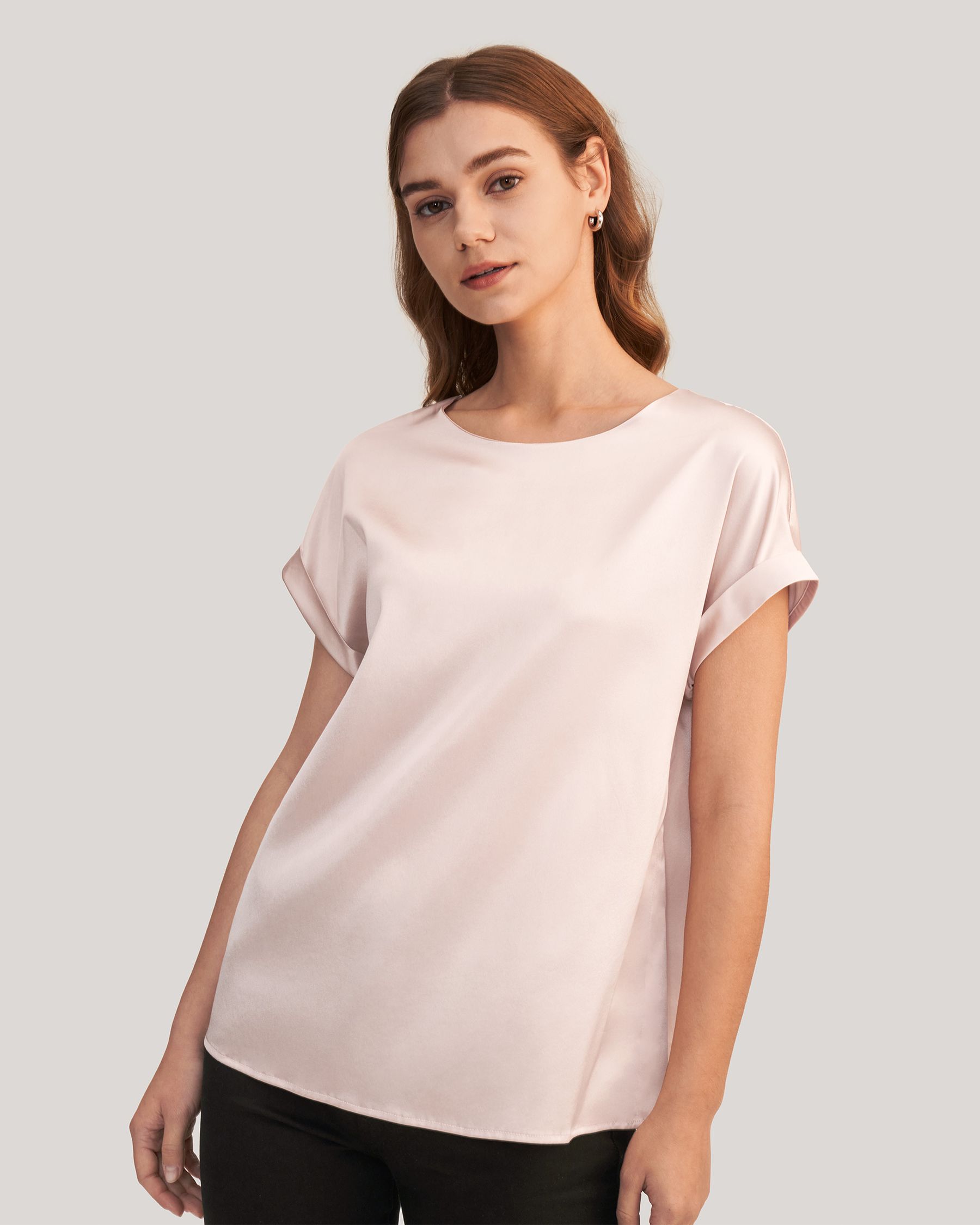 Short Sleeves Round Neck  Silk T Shirt