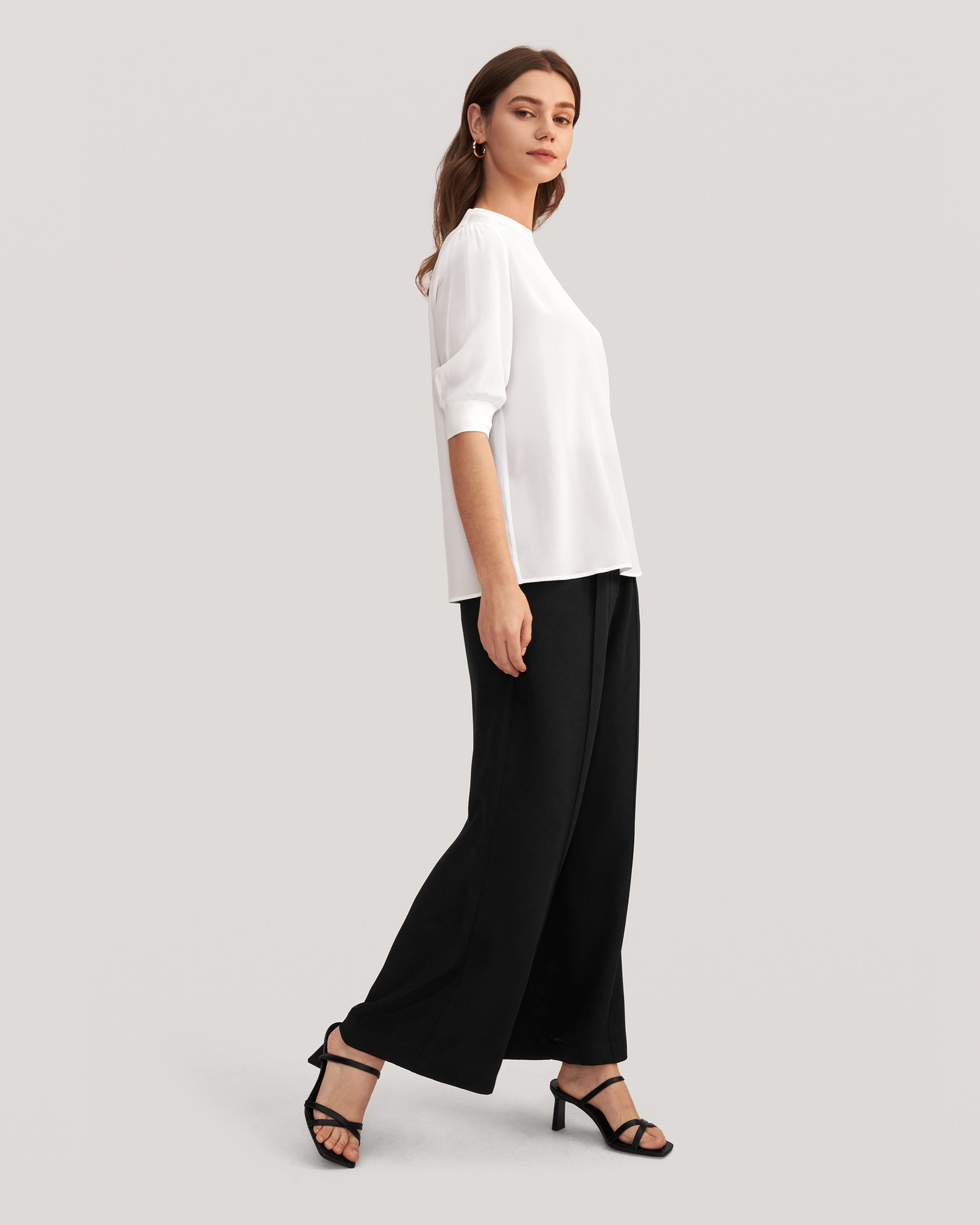 Elegant Casual Silk Tee With Rib Cuff