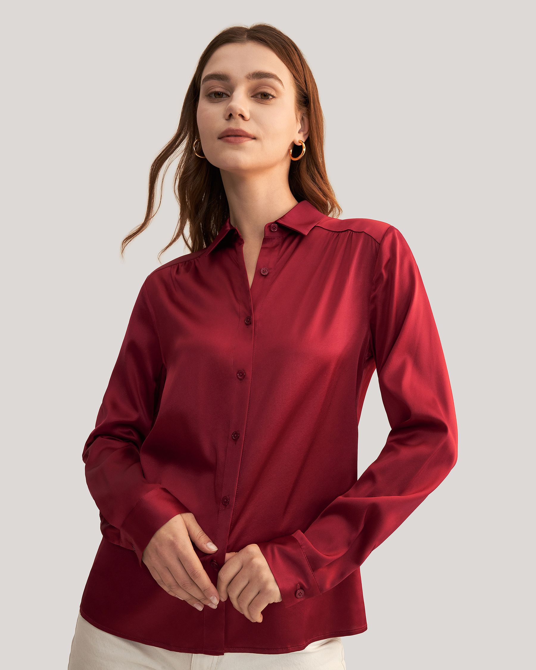 Long Sleeves Collared Silk Blouse For Women