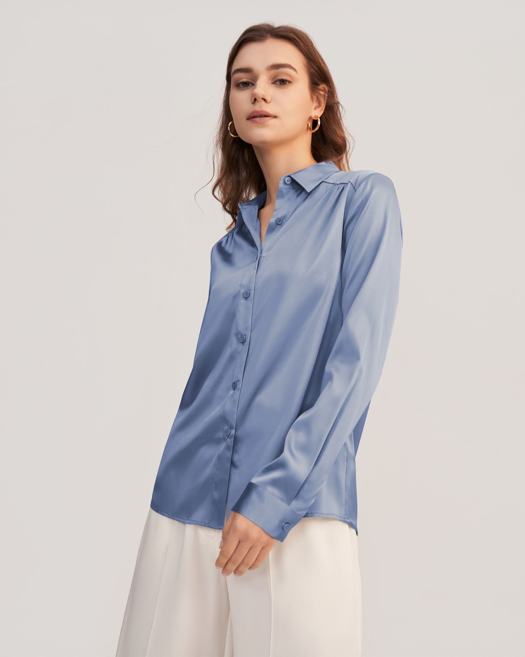 Long Sleeves Collared  Silk Blouse For Women