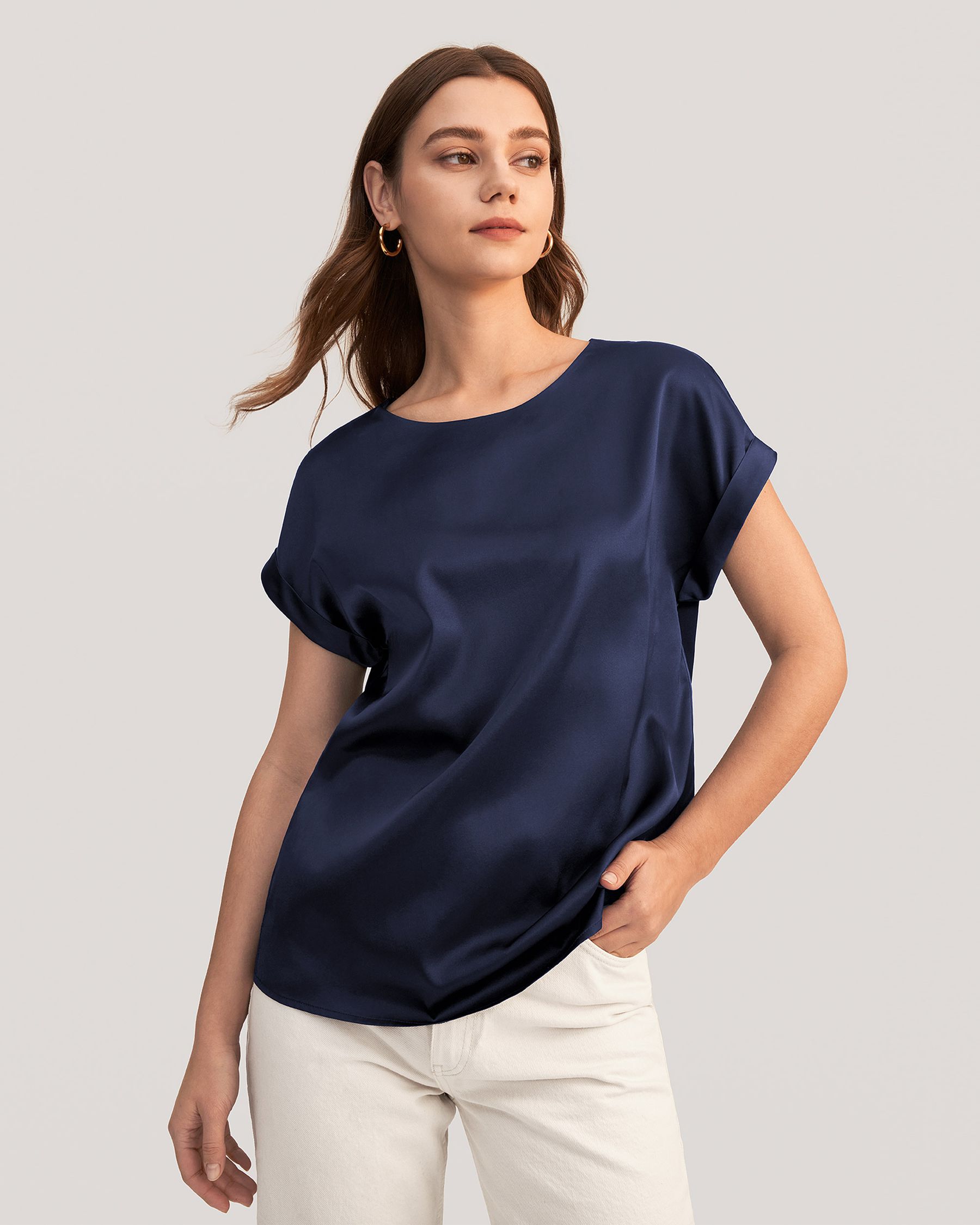 Short Sleeves Round Neck  Silk T Shirt