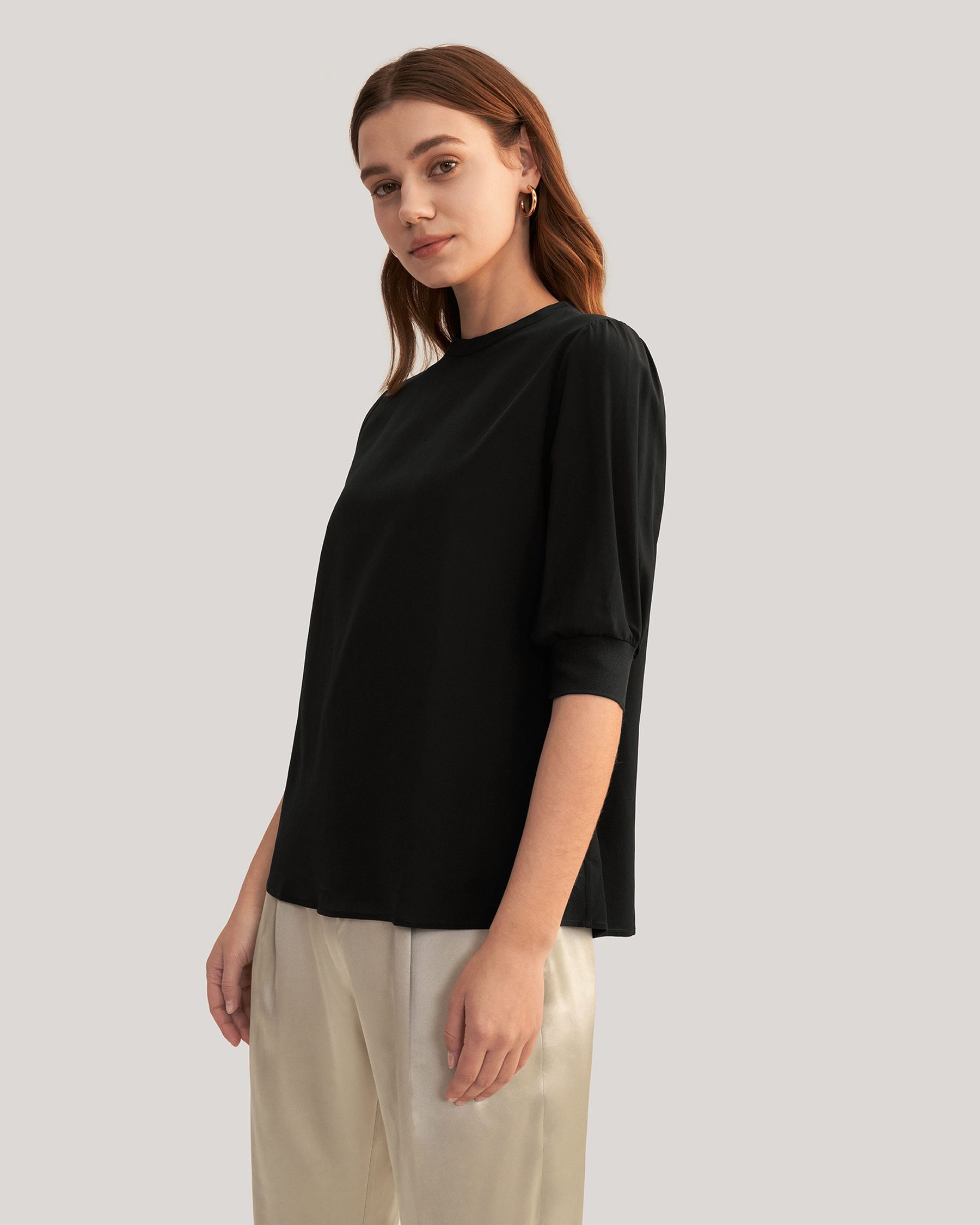 Elegant Casual Silk Tee With Rib Cuff