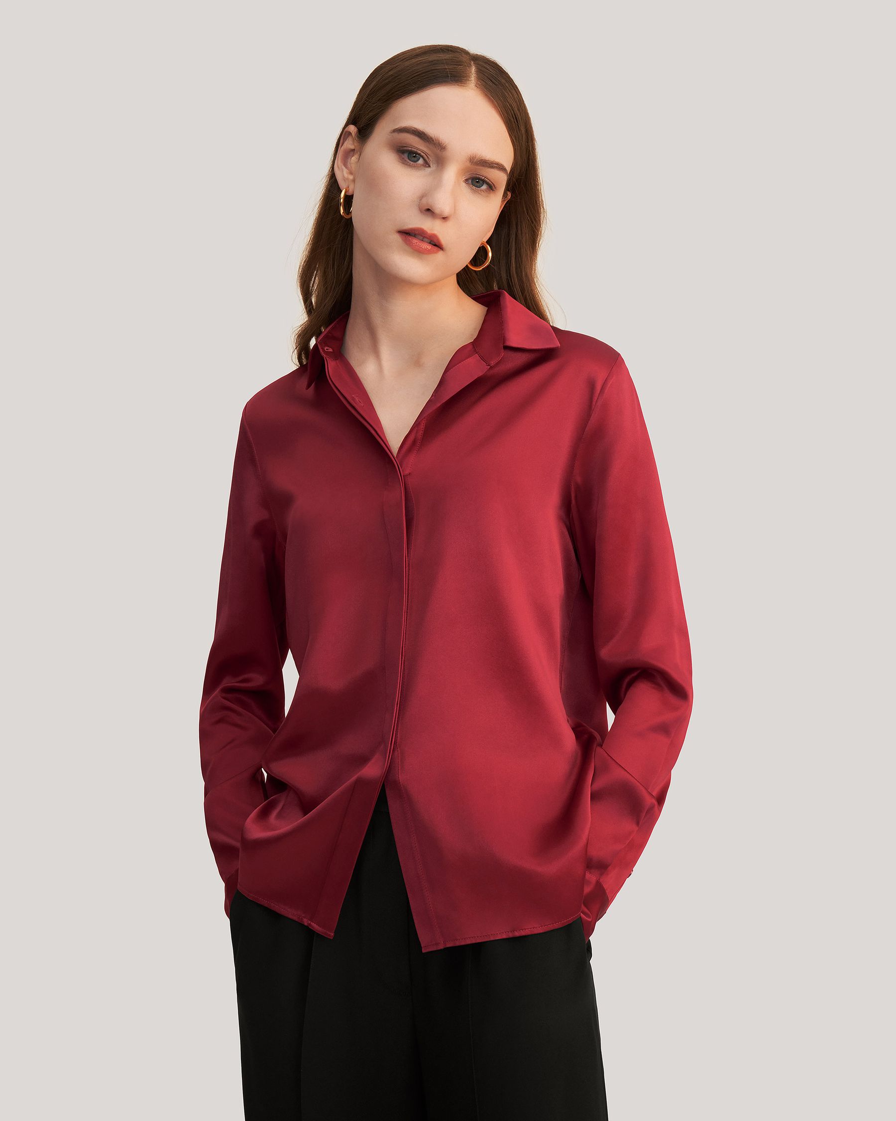 Basic Concealed Placket women Silk Shirt