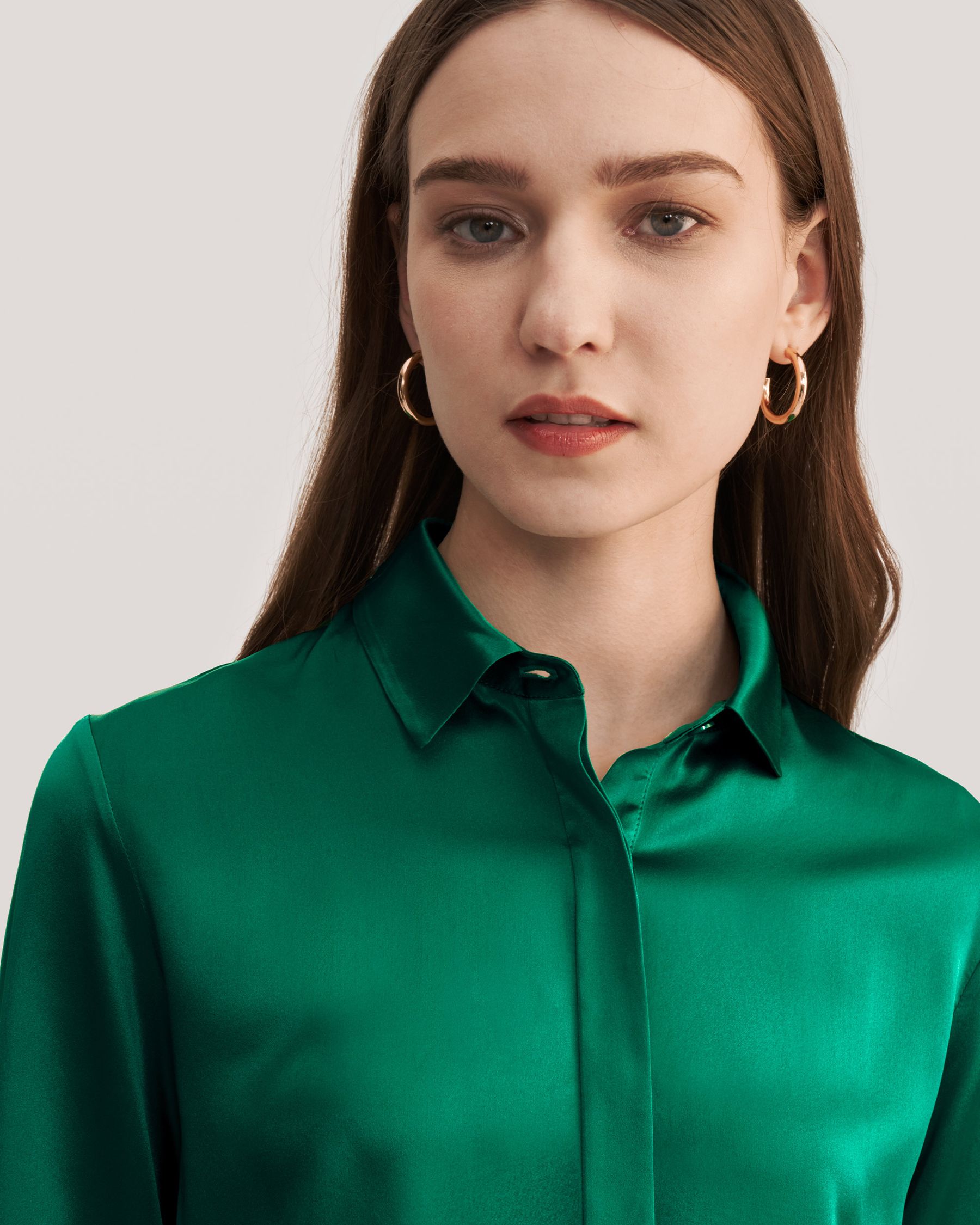 Basic Concealed Placket Women Silk Shirt