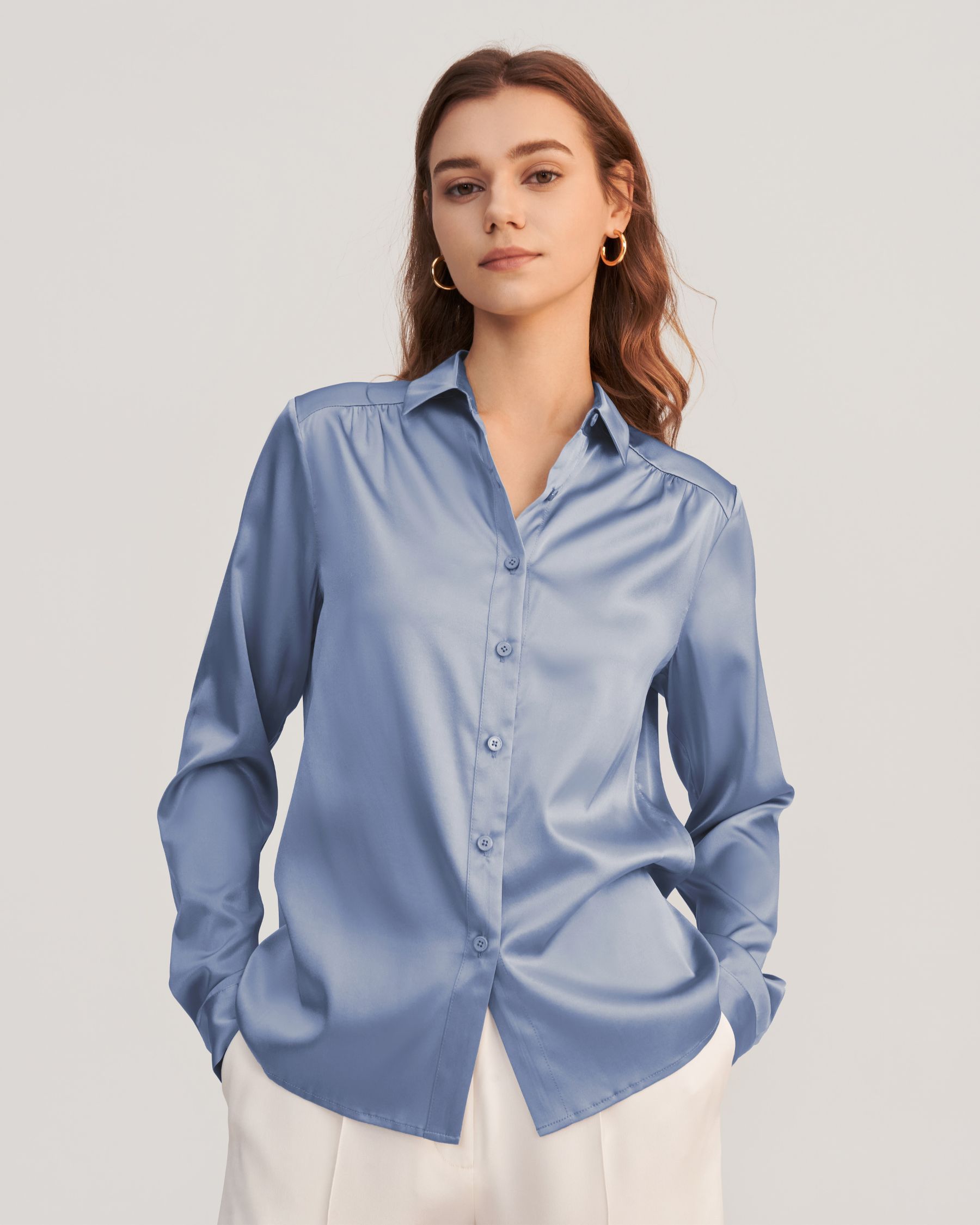 Long Sleeves Collared  Silk Blouse For Women