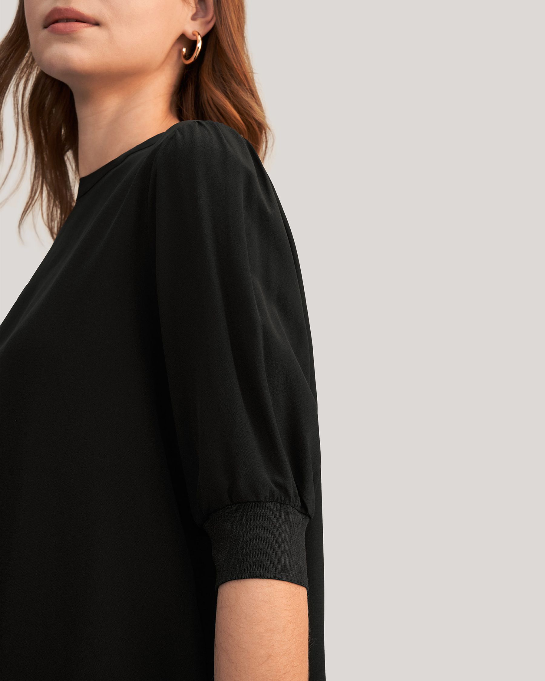 Elegant Casual Silk Tee With Rib Cuff