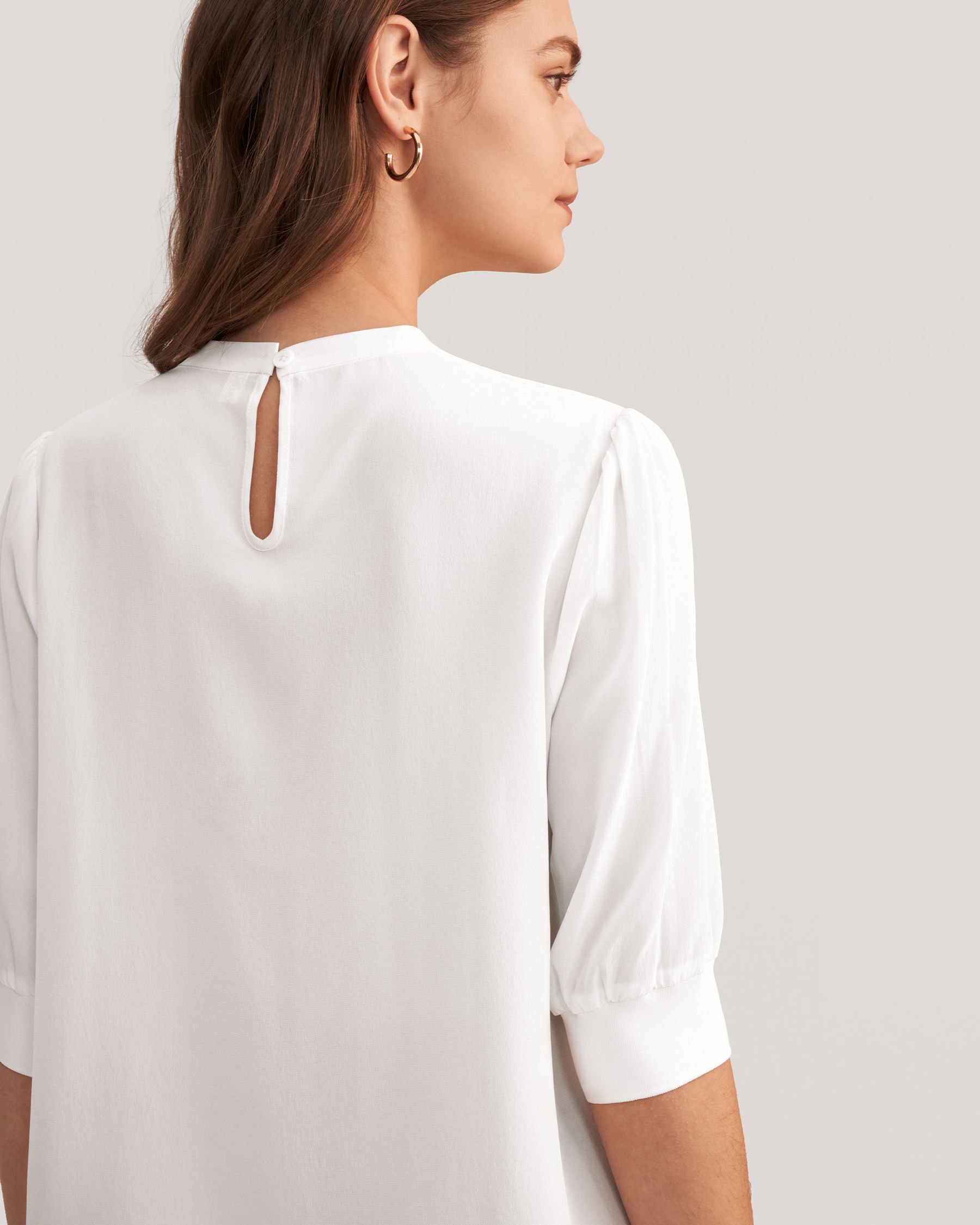 Elegant Casual Zijden T-Shirt Met Ribboord