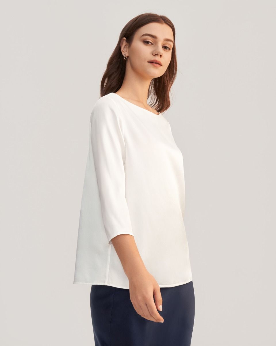 3/4 Sleeve Boat Neck Silk Blouse