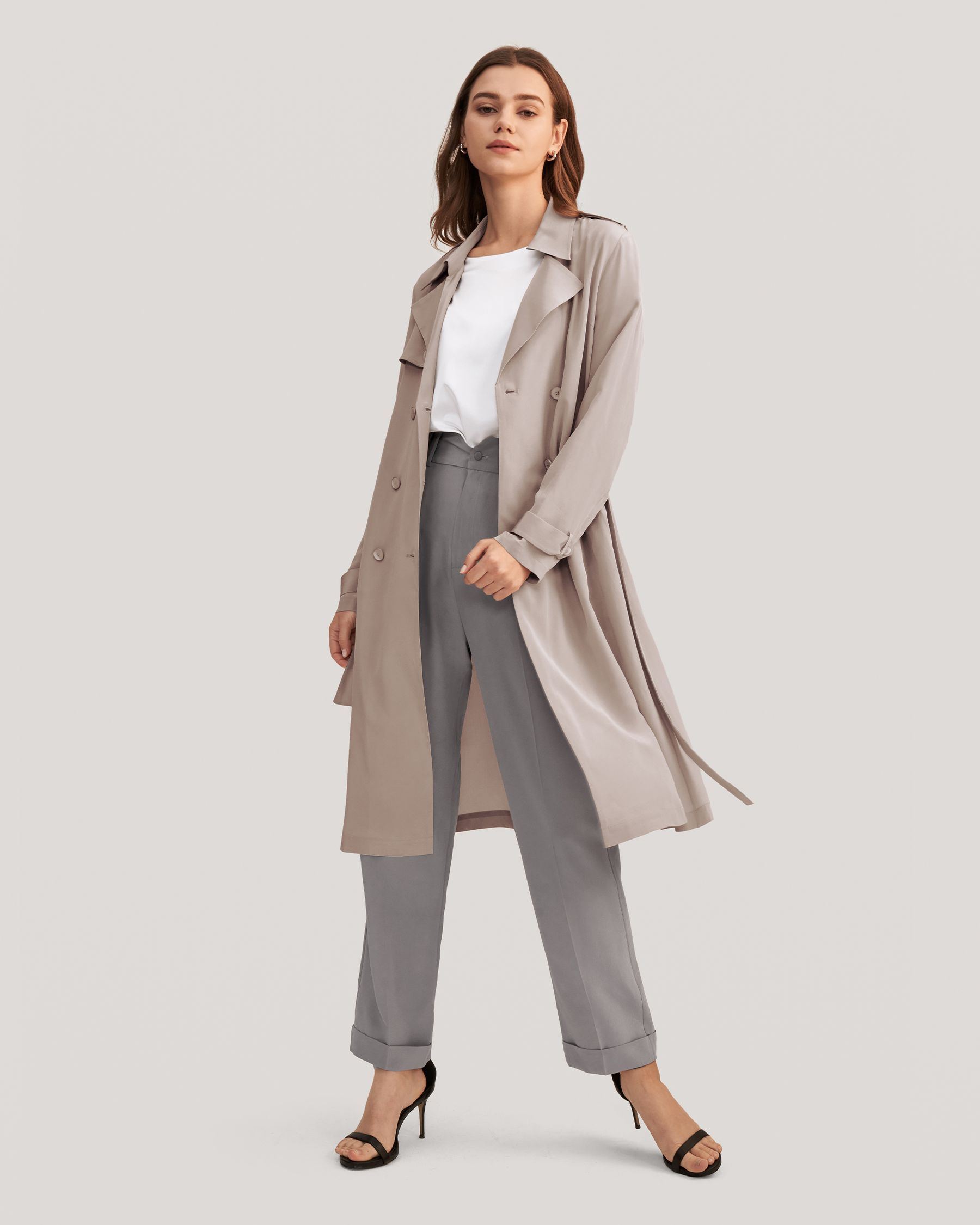 Classic Double-Breasted Silk Trench Coat