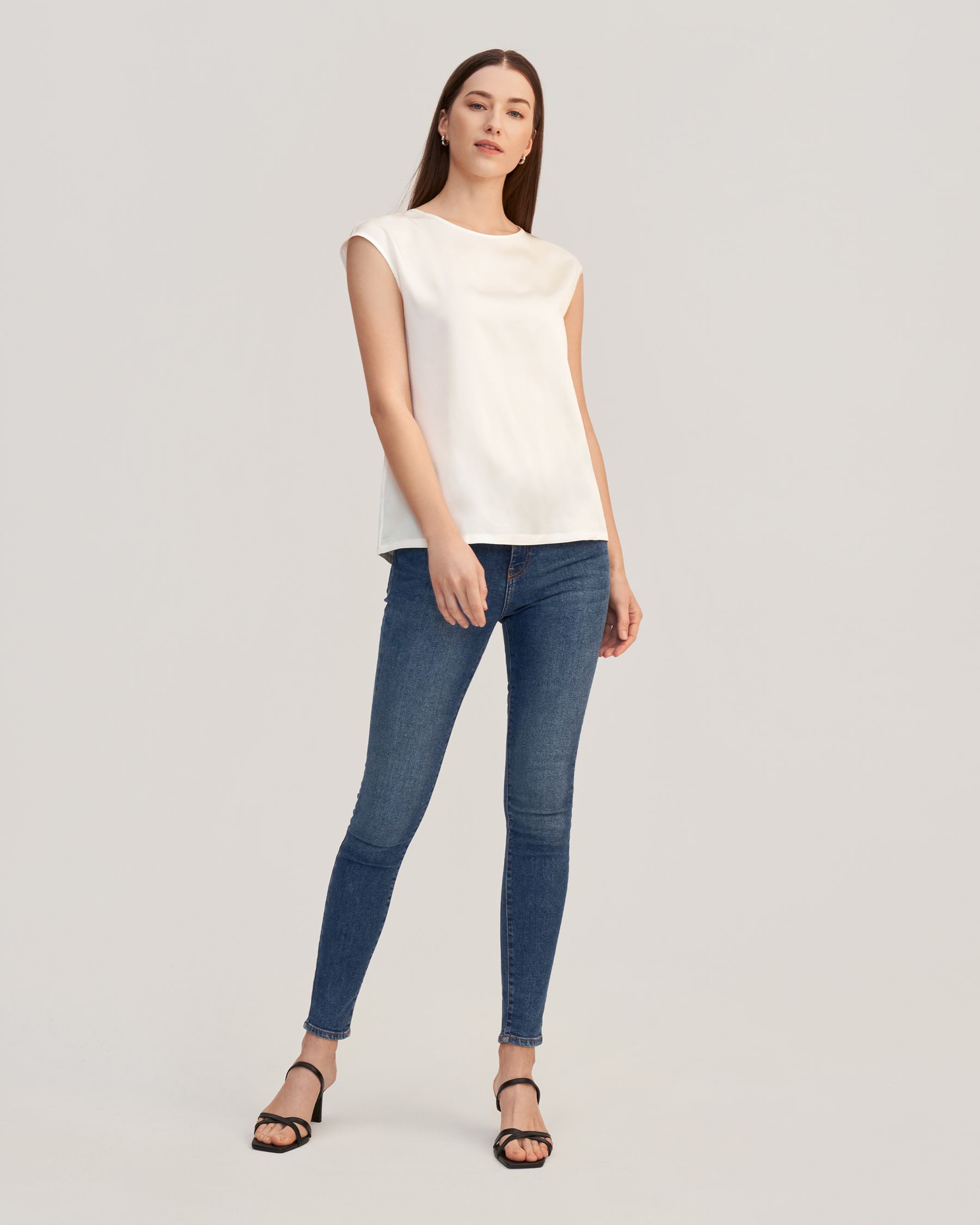 Basic Cap Sleeves Silk Tee For Women