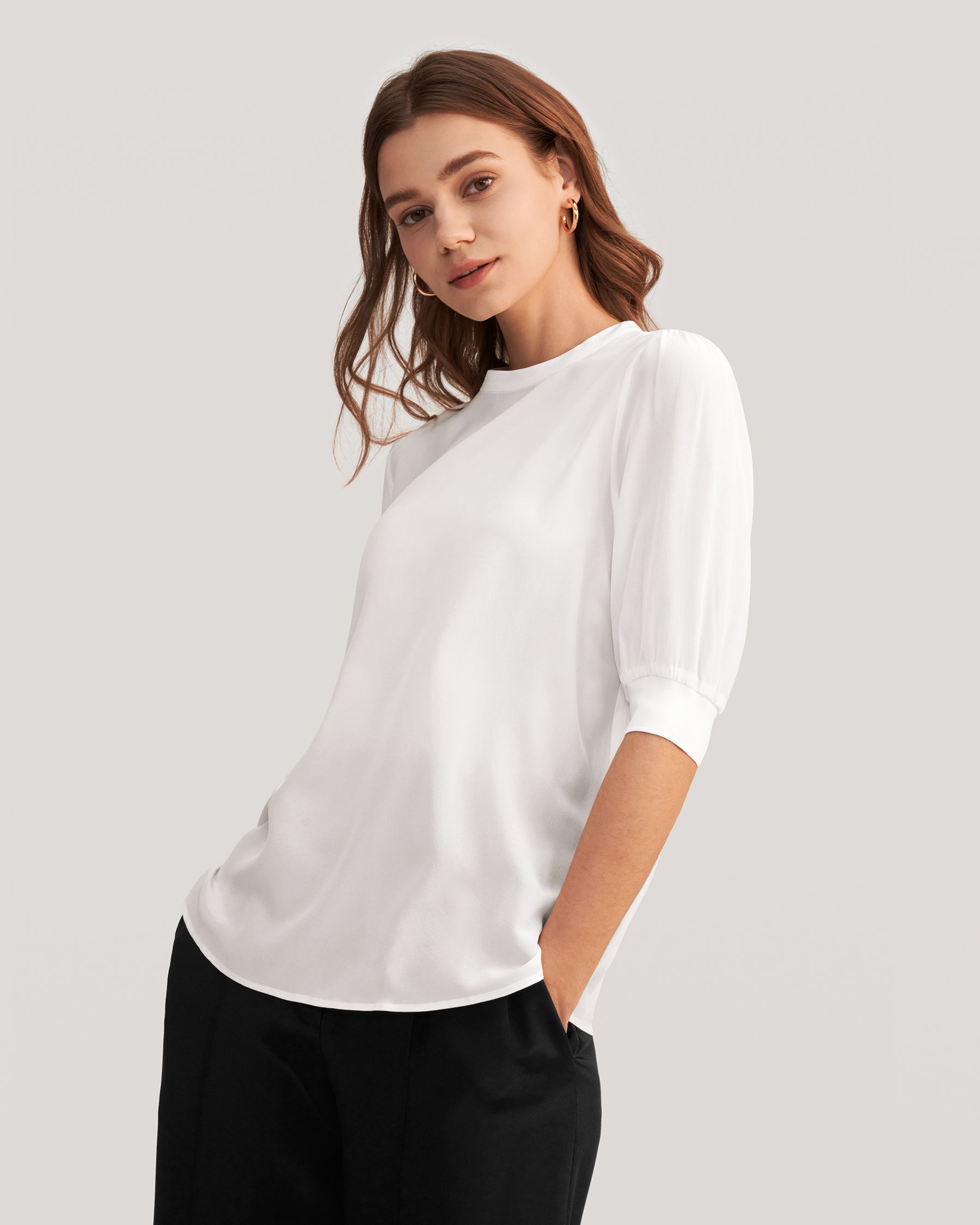 Elegant Casual Silk Tee With Rib Cuff