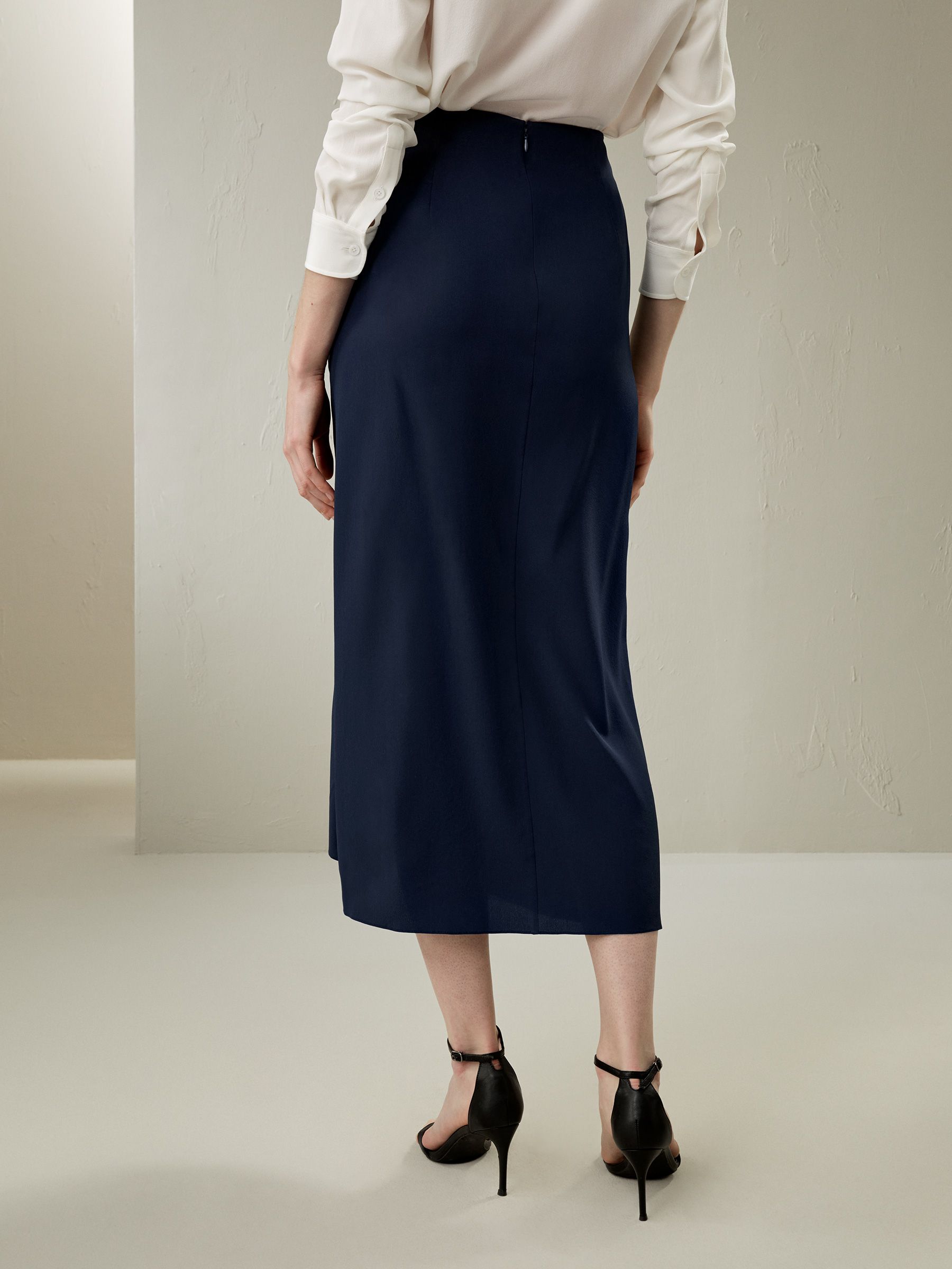 Tucked Drape Silk Midi Skirt