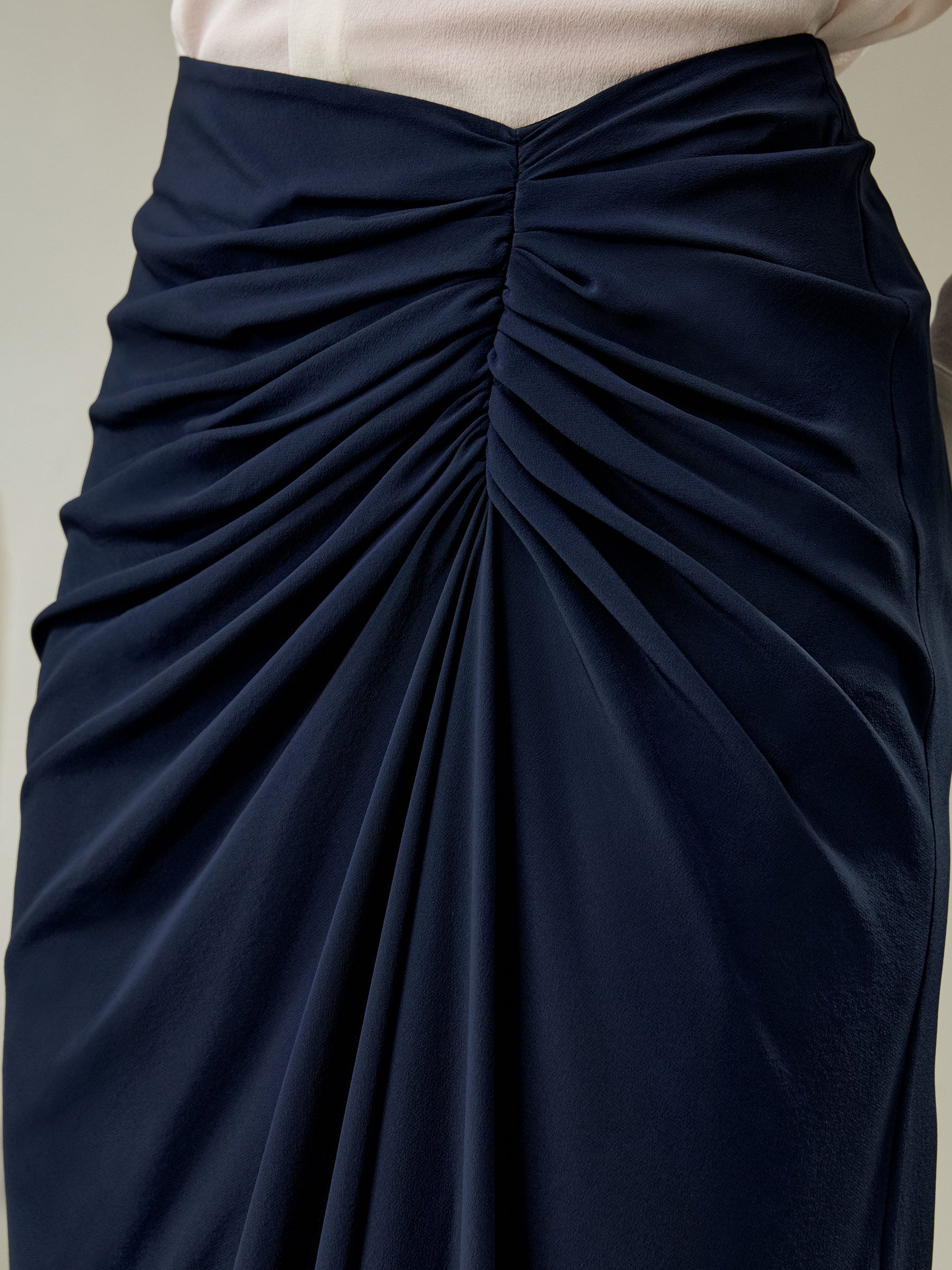 Tucked Drape Silk Midi Skirt