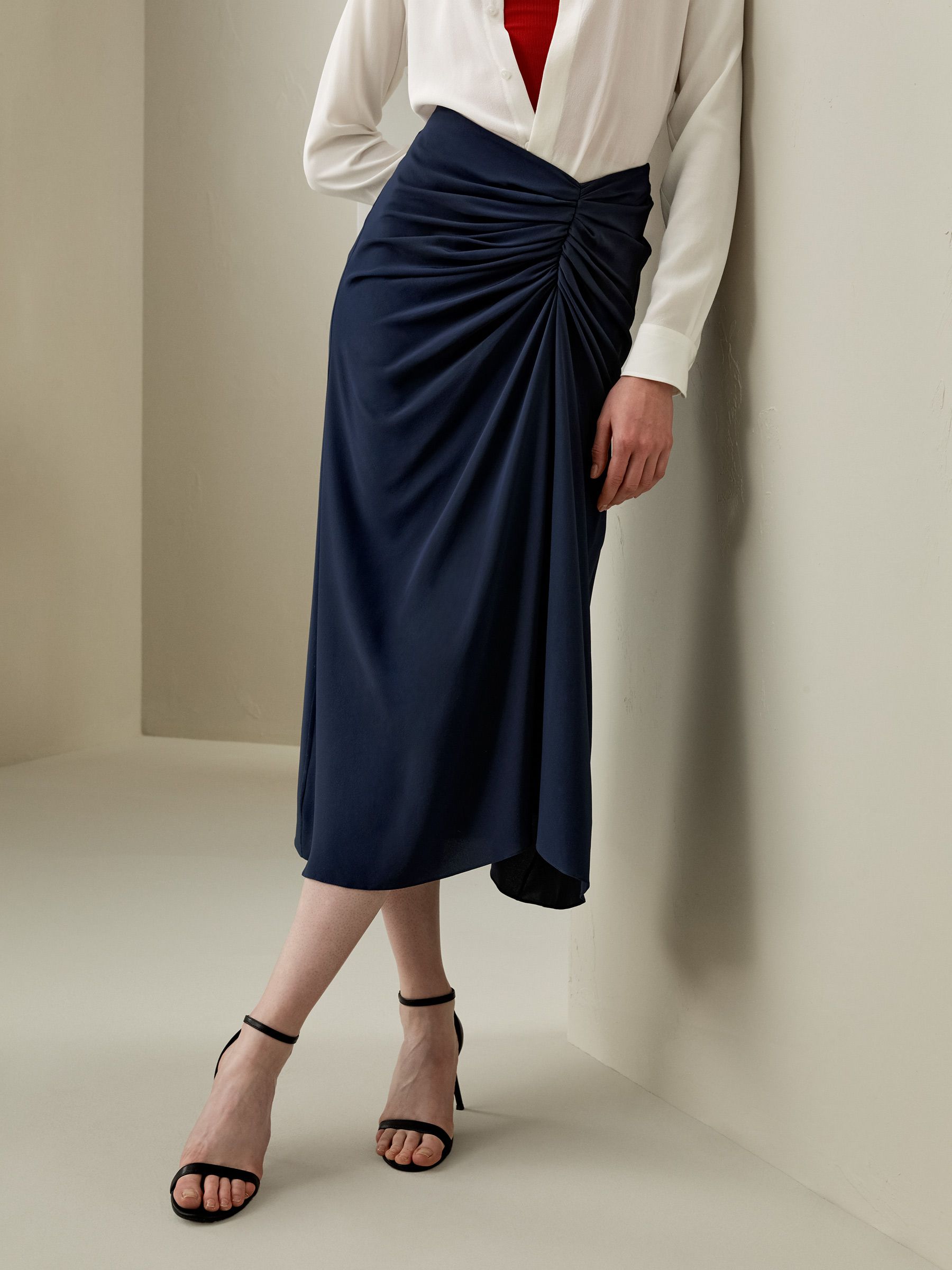 Tucked Drape Silk Midi Skirt