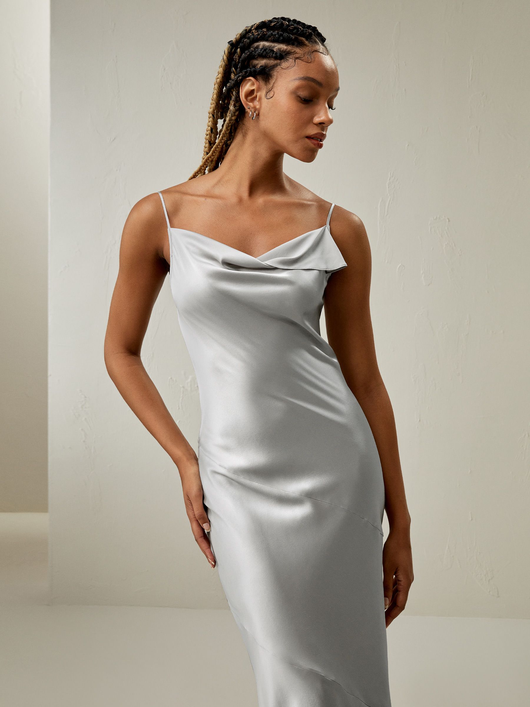 Cowl Neck Oblique-layered Silk Dress