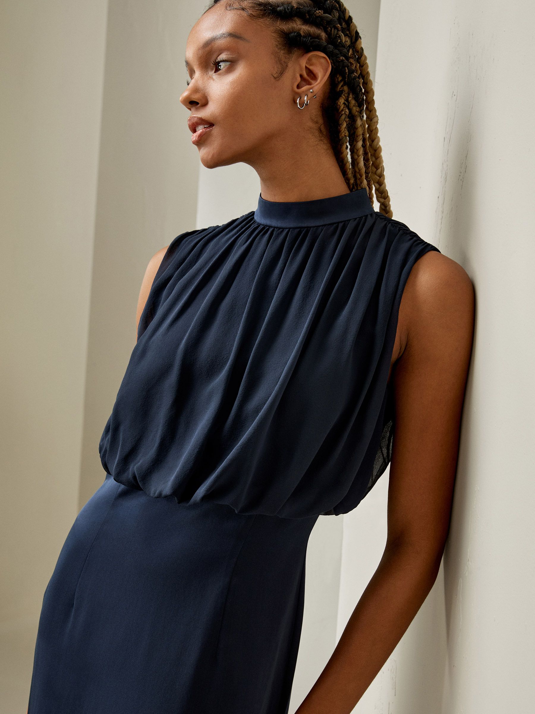 Pleated Sleeveless Midi Silk Dress