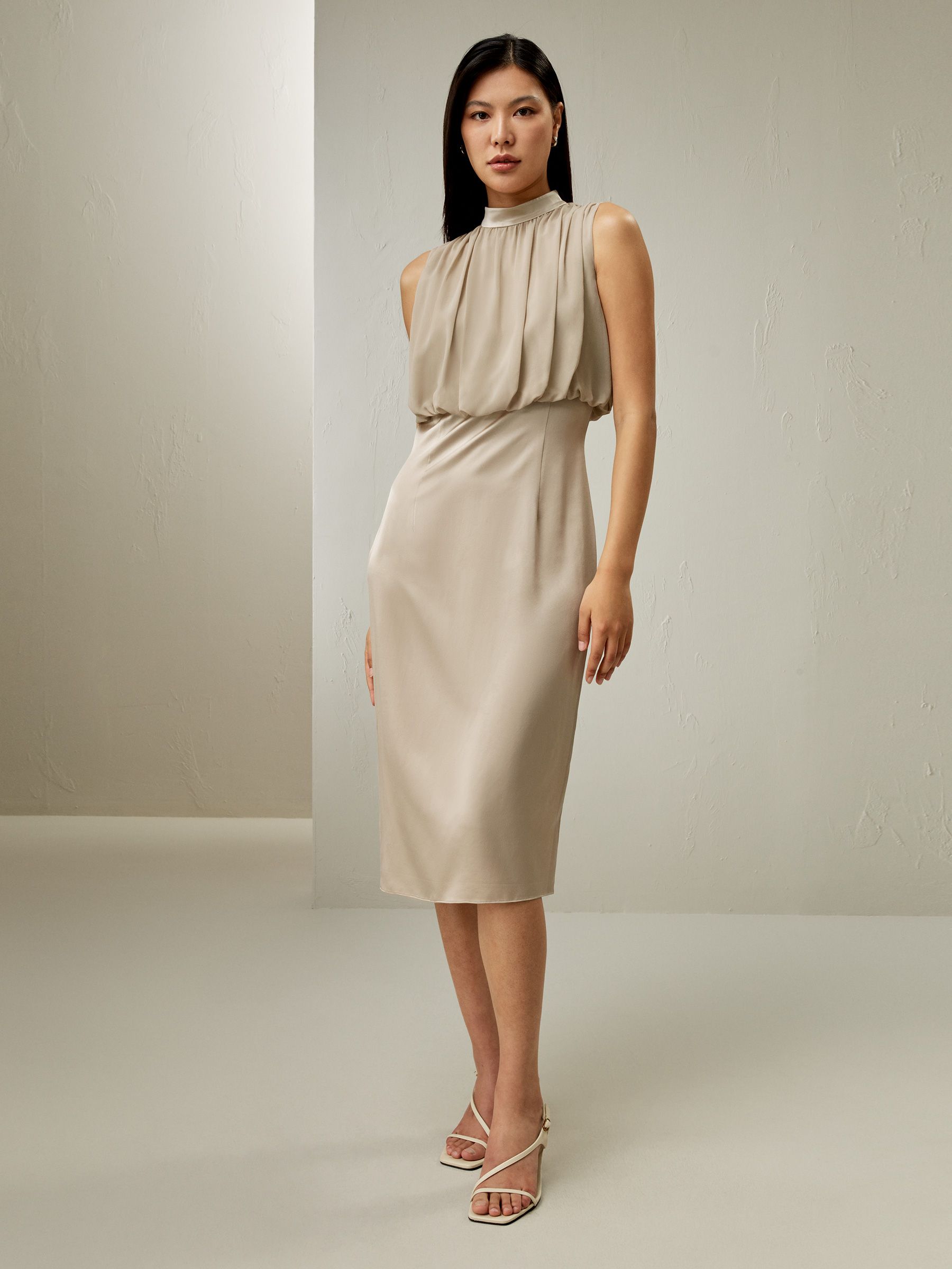 Pleated Sleeveless Midi Silk Dress