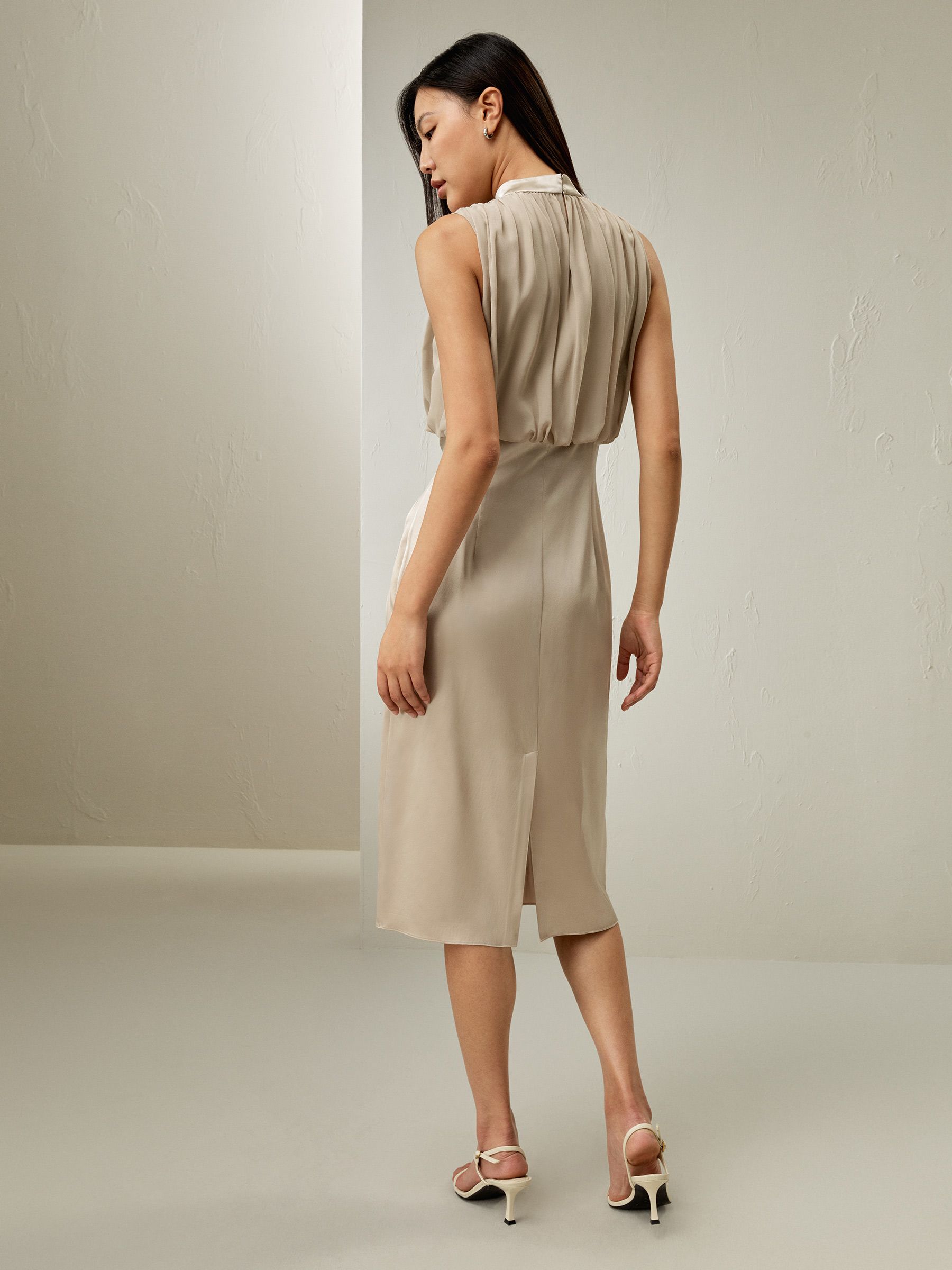 Pleated Sleeveless Midi Silk Dress