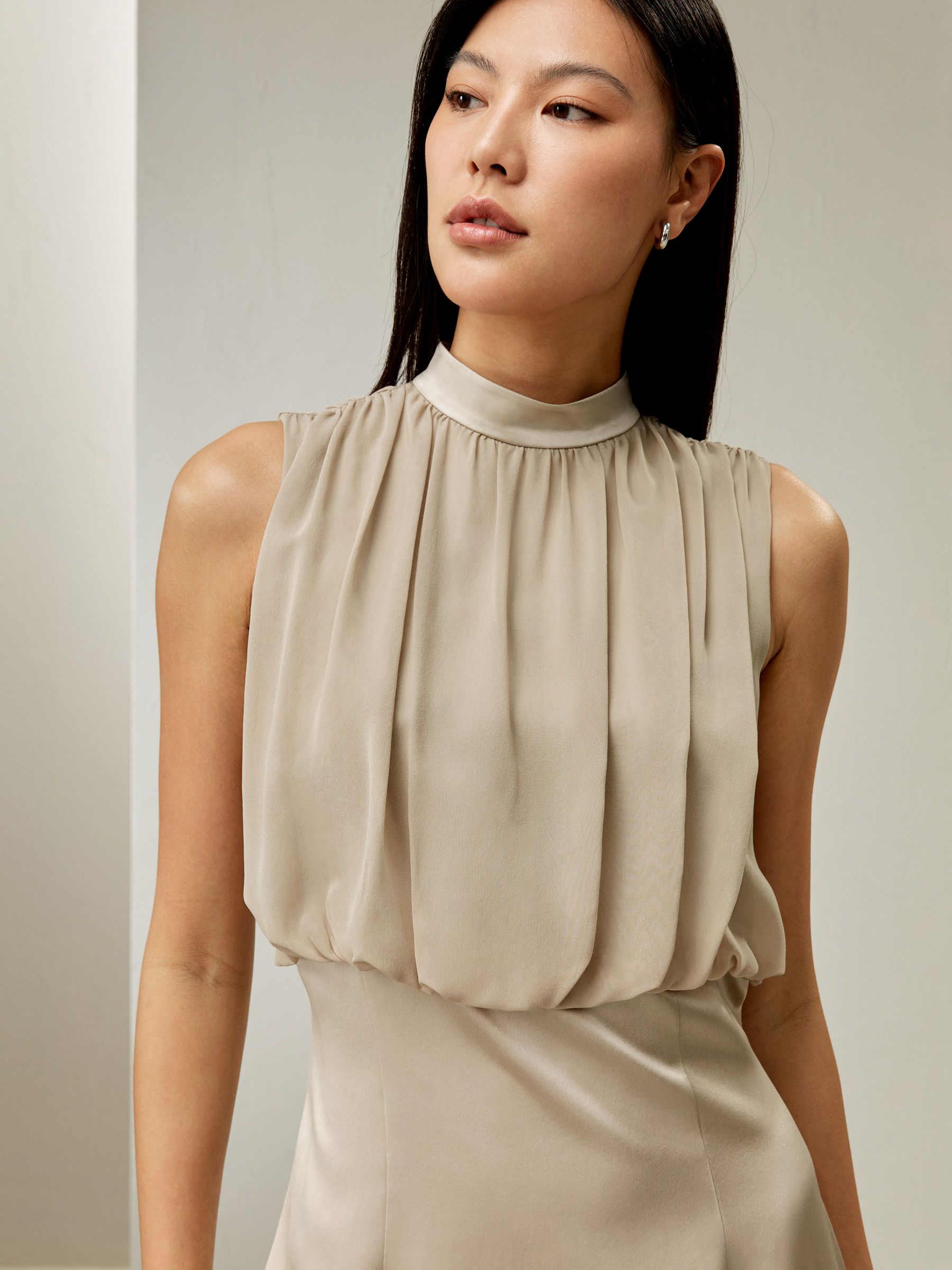 Pleated Sleeveless Midi Silk Dress