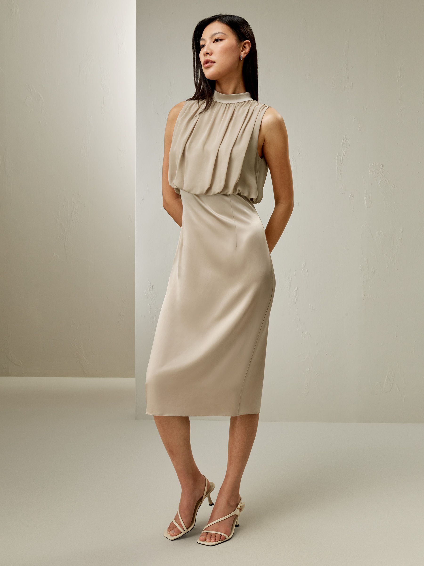 Pleated Sleeveless Midi Silk Dress