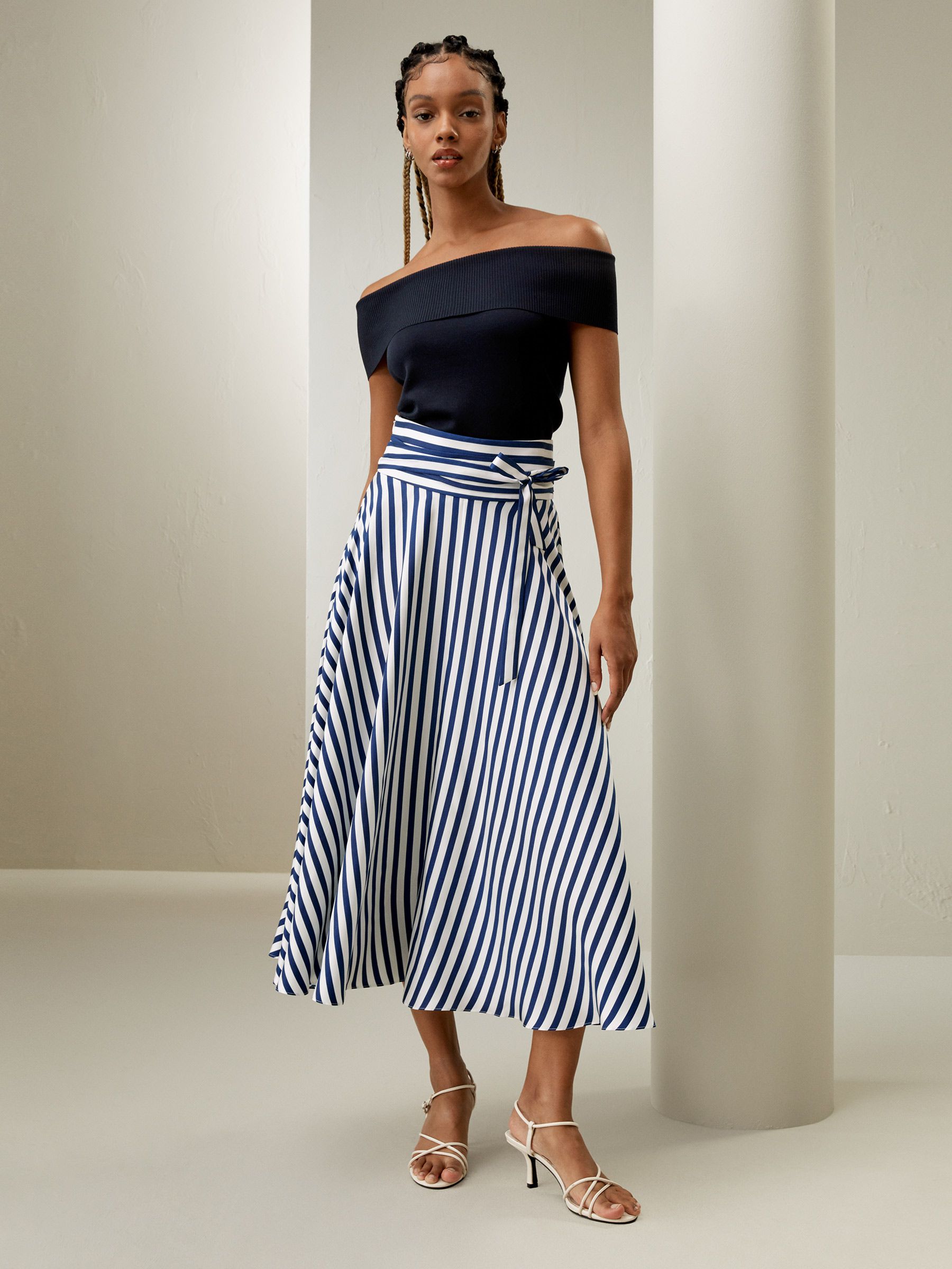 Silk Striped Midi Skirt