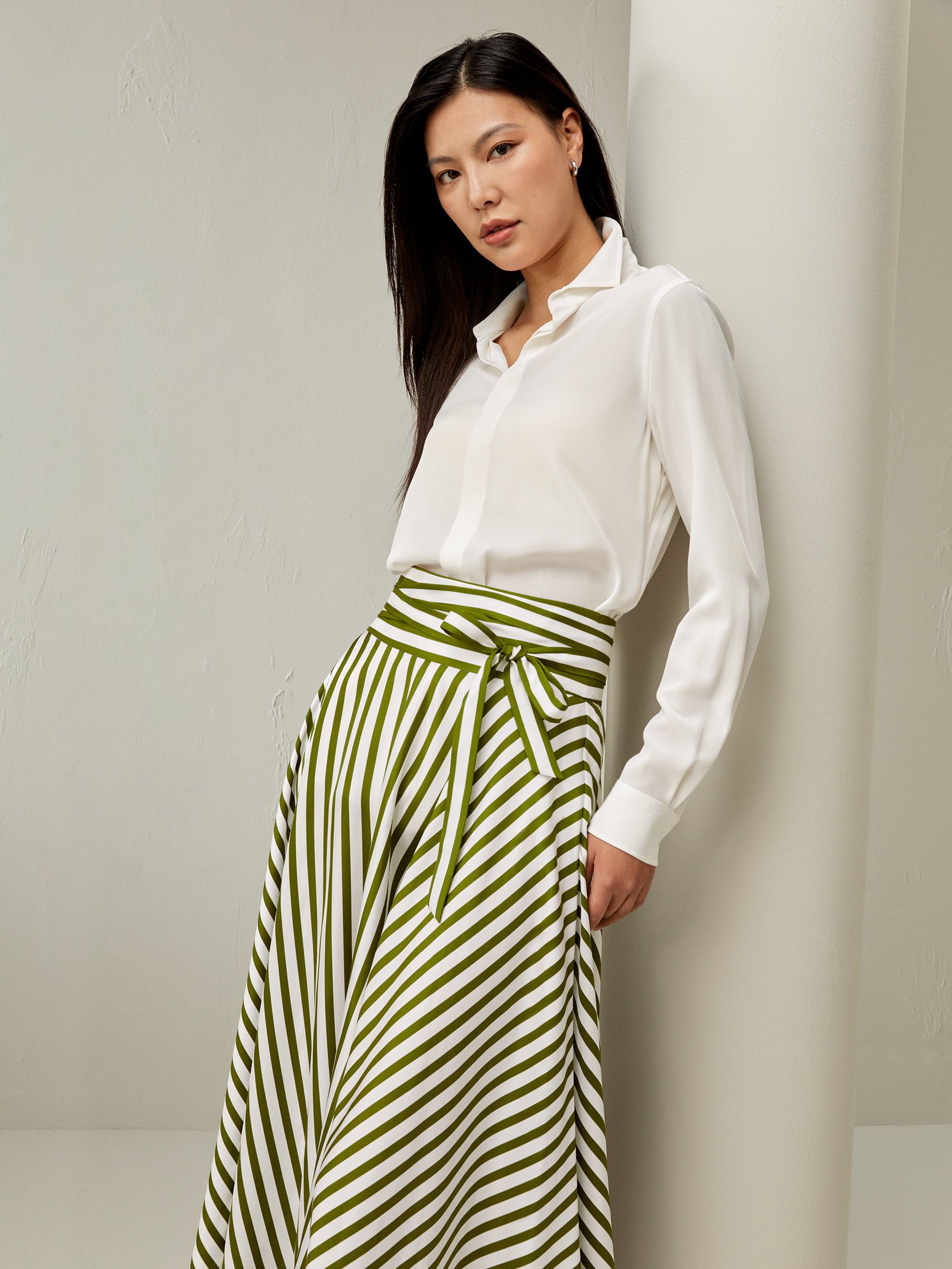 Silk Striped Midi Skirt