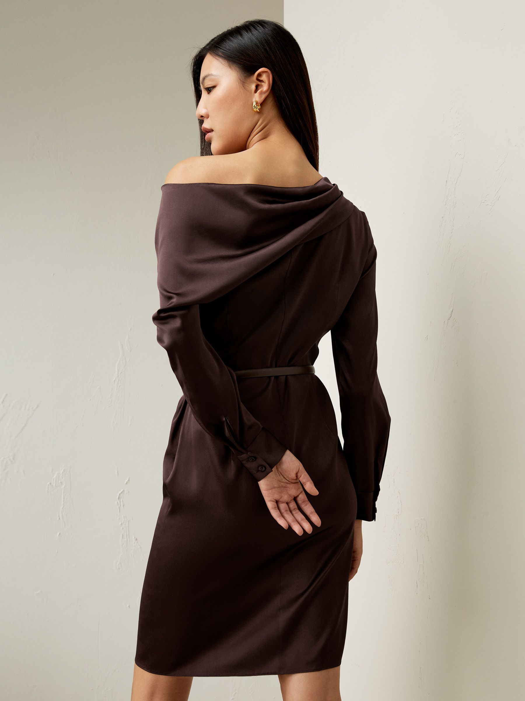 Off-Shoulder Ruched Midi Silk Dress